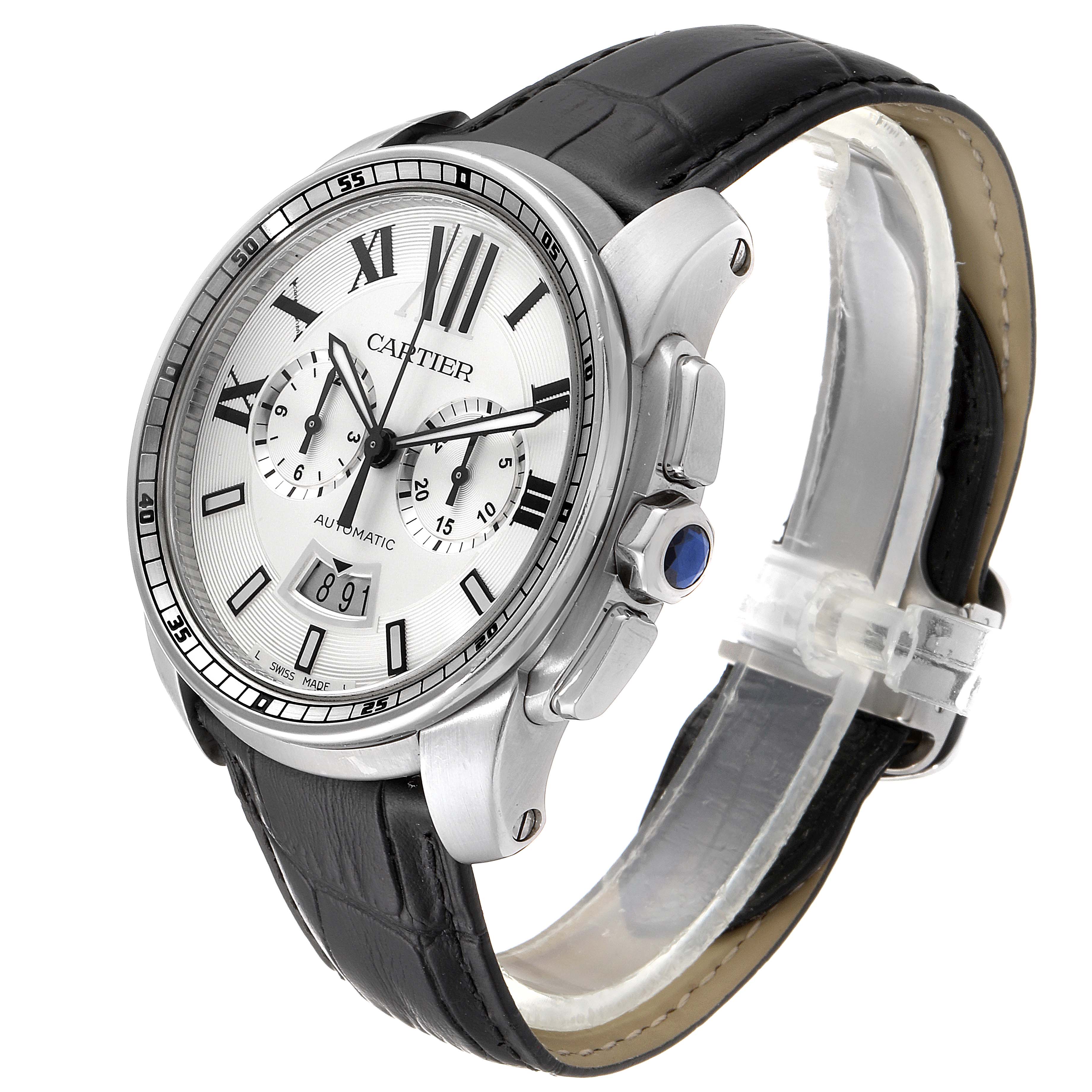 The image shows a side angle of the Calibre de Cartier watch by Cartier, highlighting the dial, bezel, crown, and leather strap.