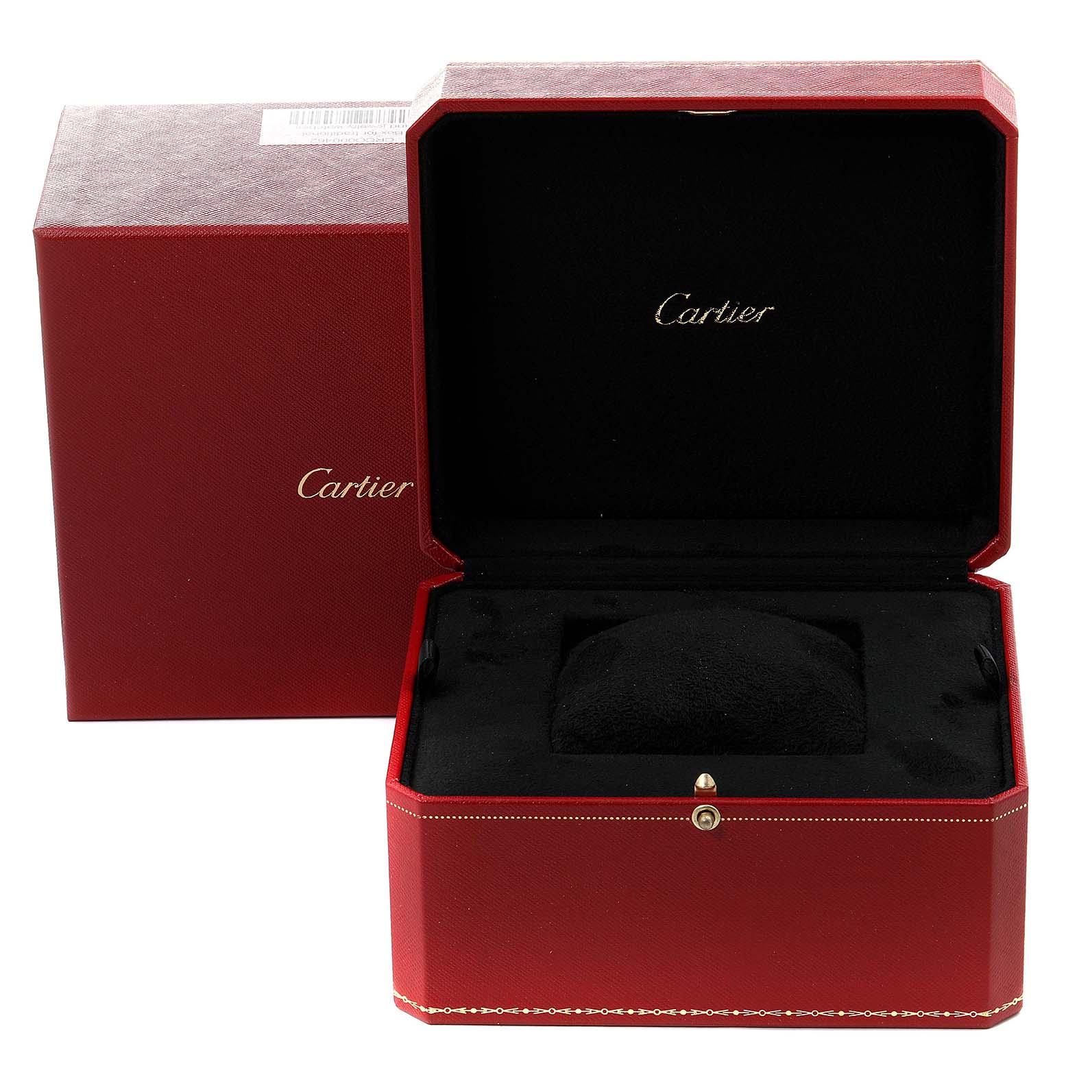 The image shows an open red watch box for a Calibre de Cartier model by Cartier, with the interior black and cushioned.