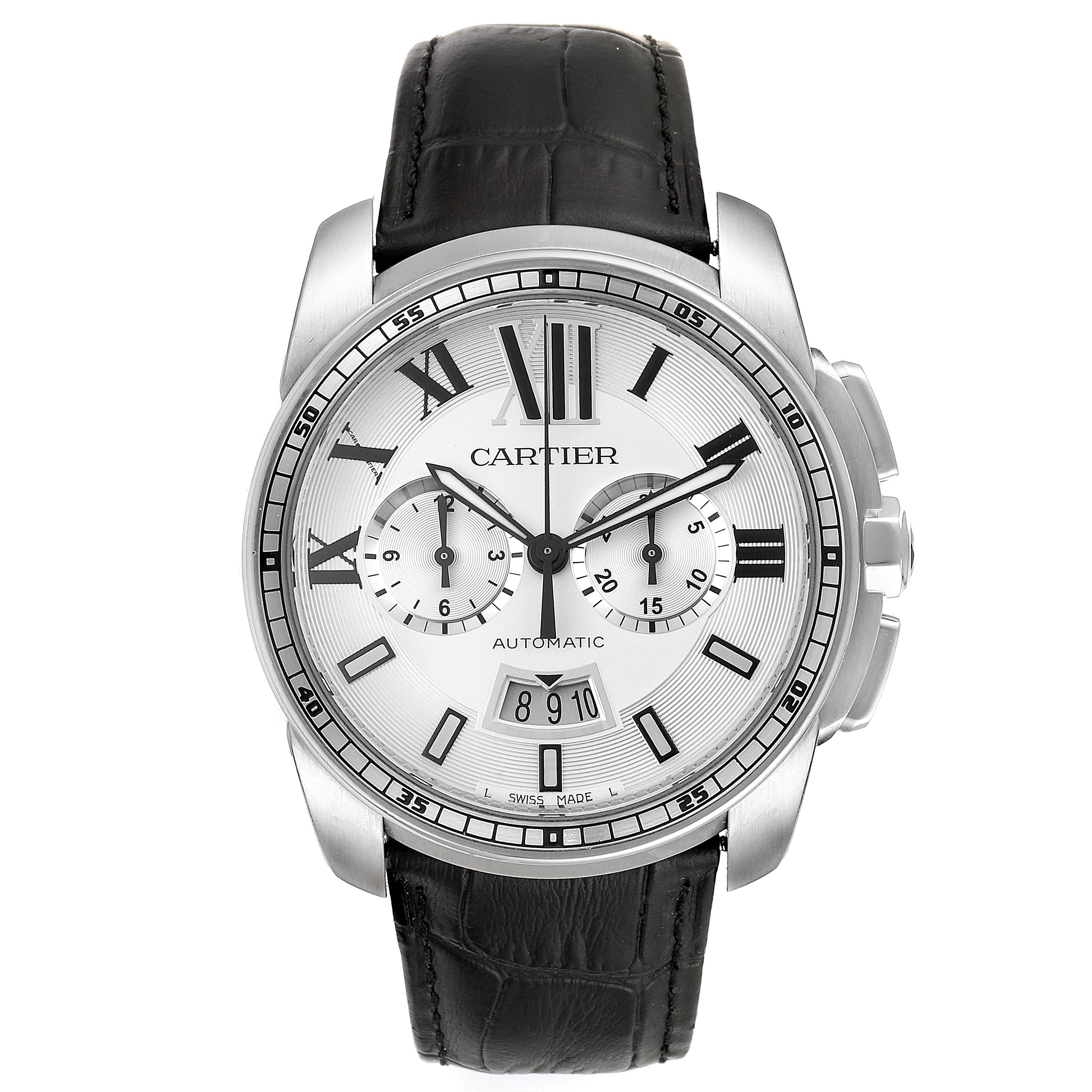 The image shows a Calibre de Cartier watch by Cartier from a front angle, displaying the face, dial, and black leather strap.