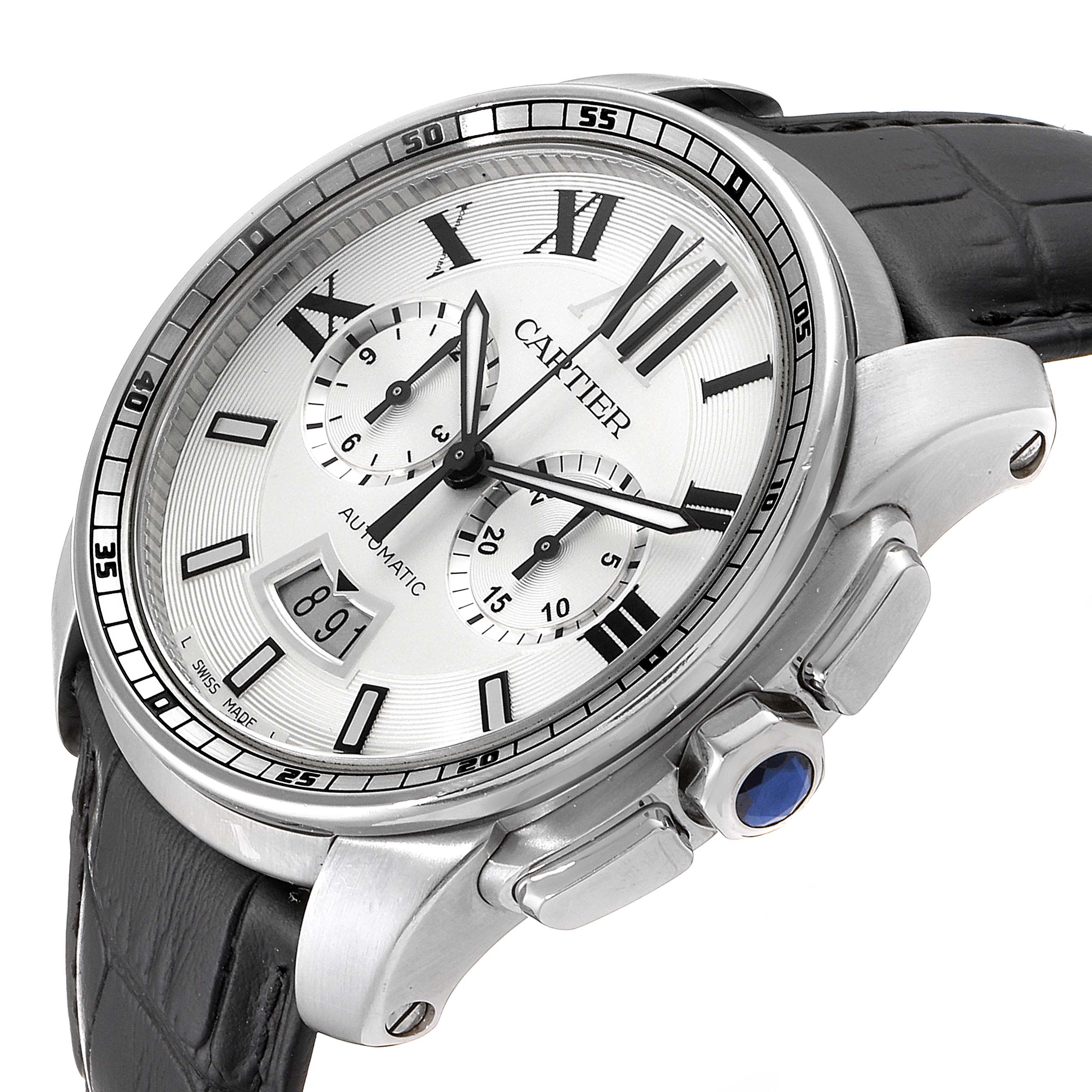 The Calibre de Cartier watch by Cartier is shown at an angle highlighting the face, crown, and part of the leather strap.