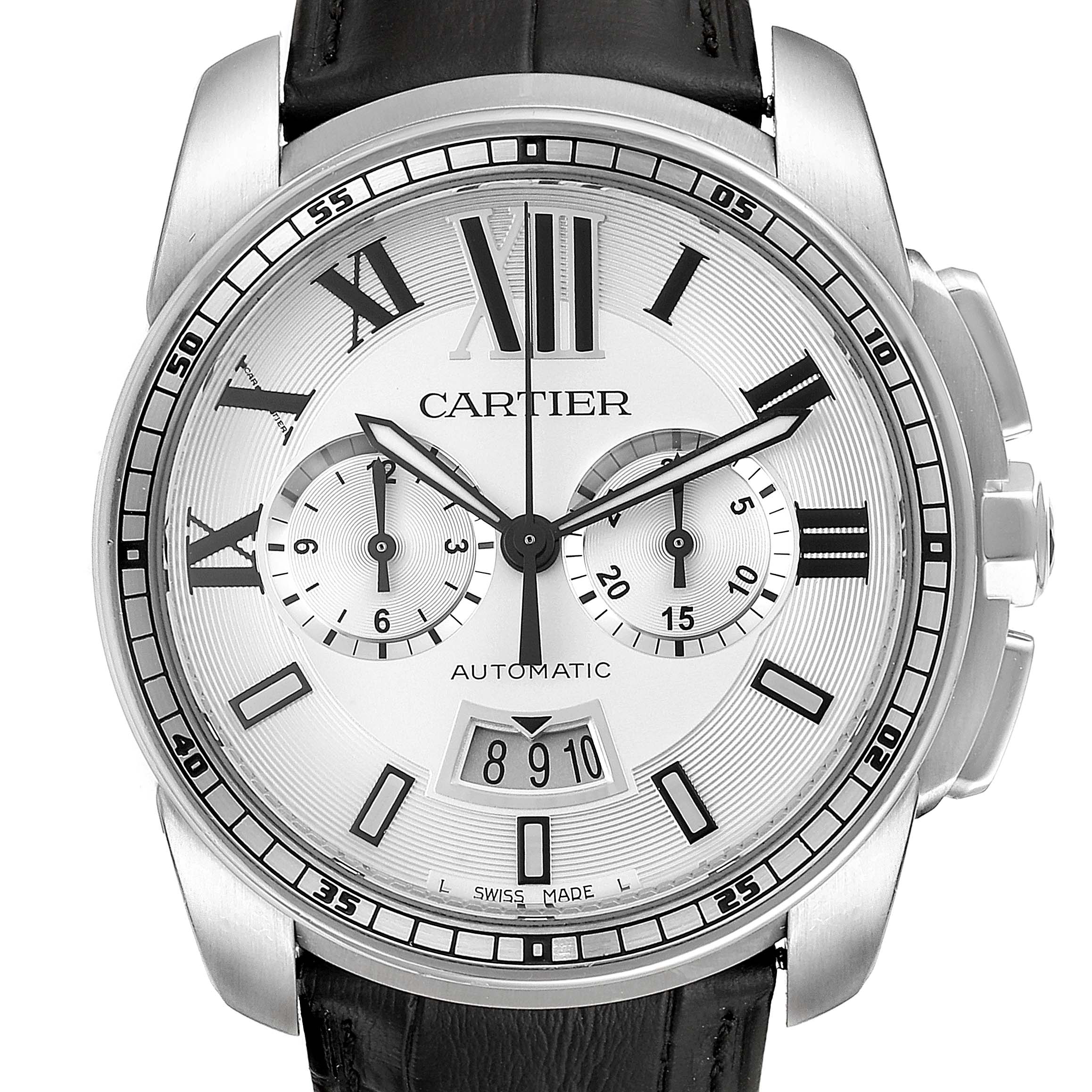 The image shows a front view of the Calibre de Cartier watch by Cartier, highlighting its dial, bezel, crown, subdials, and leather strap.