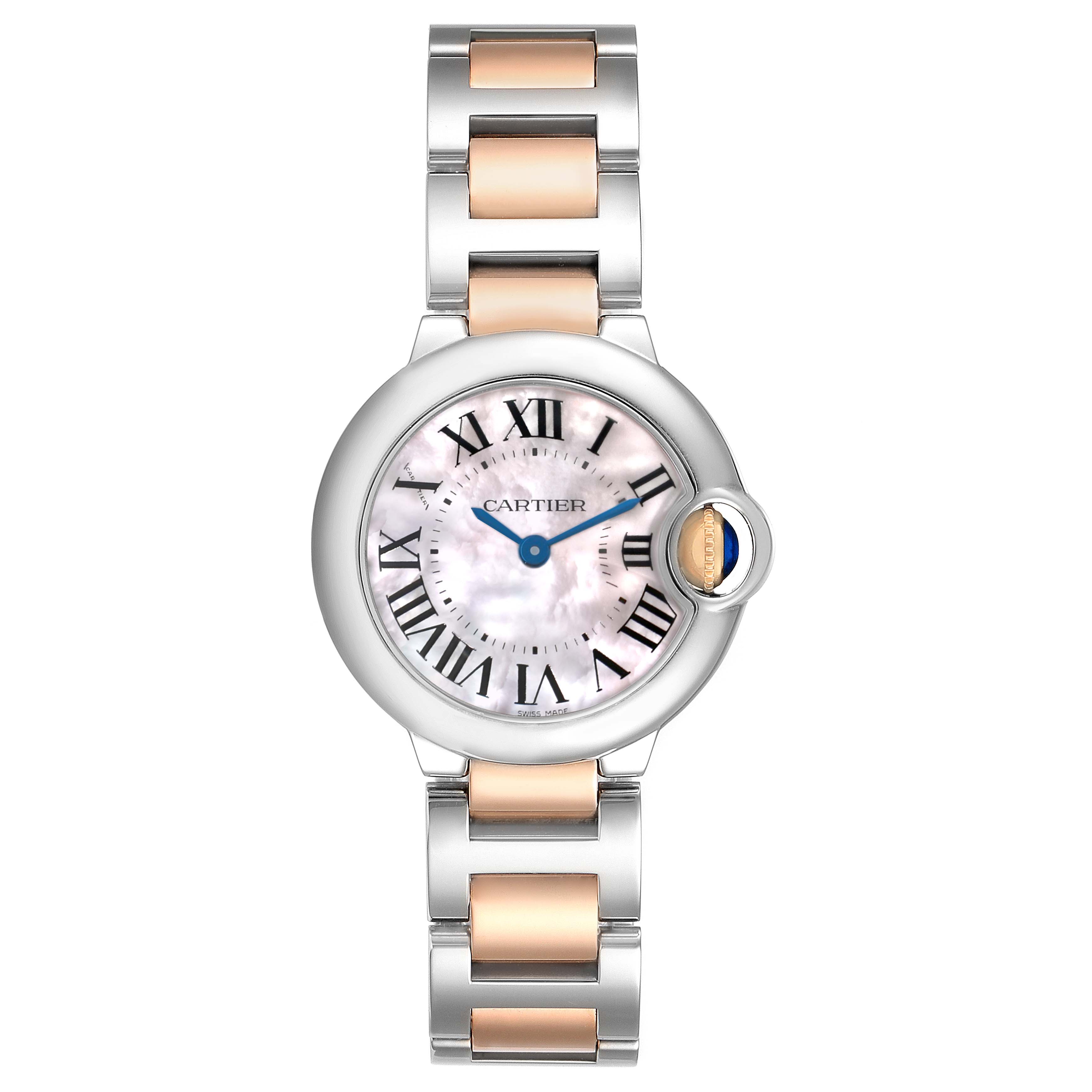 The Cartier Ballon Bleu W6920034 Women's Steel and Gold (two tone) Mother of Pearl Dial watch is shown from the front, highlighting its circular face and two-tone bracelet.