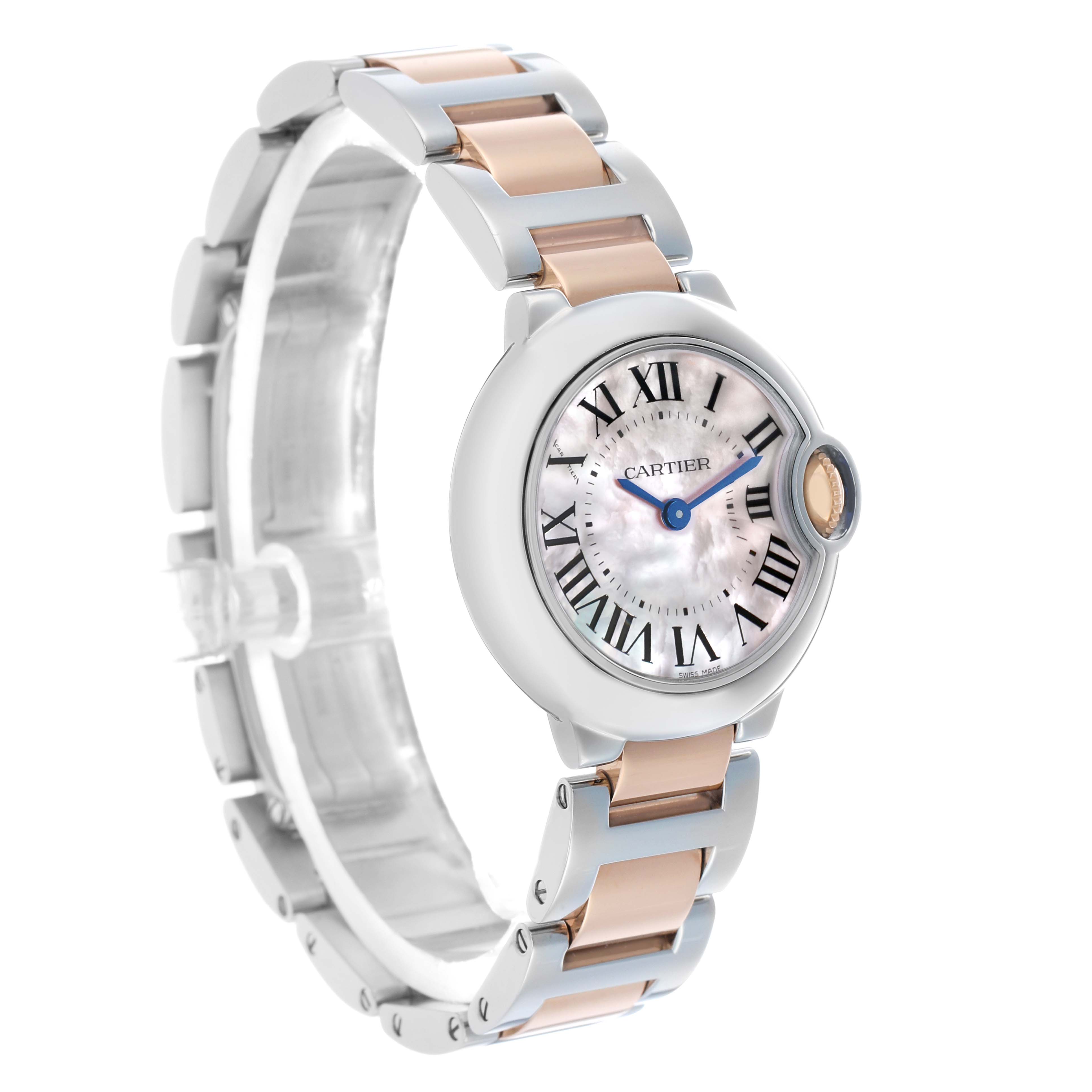 The Cartier Ballon Bleu W6920034 Women's Steel and Gold (two tone) Mother of Pearl Dial watch is shown at a three-quarter angle, highlighting its round case, Roman numeral dial, and two-tone bracelet.