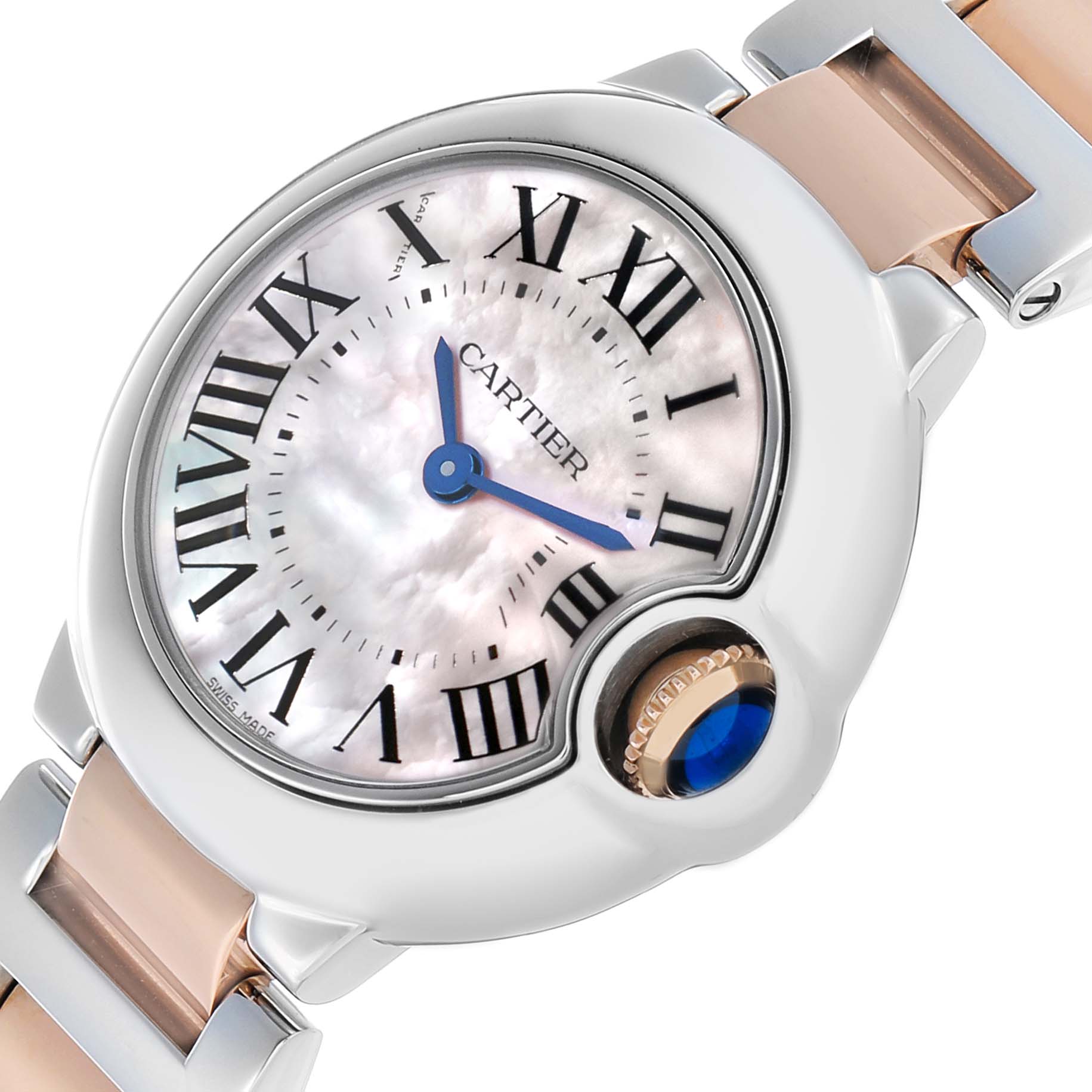 The Cartier Ballon Bleu W6920034 Women's Steel and Gold (two tone) Mother of Pearl Dial watch is shown at an angled close-up, highlighting the dial, blue hands, Roman numerals, and sapphire crown.