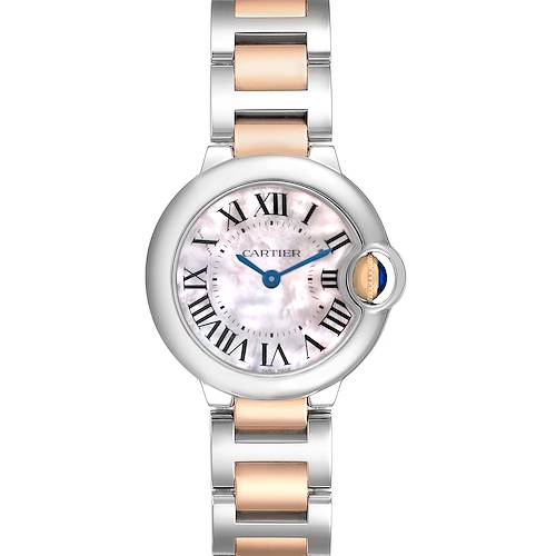 The Cartier Ballon Bleu W6920034 Women's Steel and Gold (two tone) Mother of Pearl Dial watch is shown from the front, highlighting its dial, bracelet, and crown.