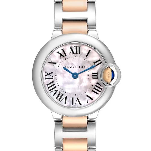 The Cartier Ballon Bleu W6920034 Women's Steel and Gold (two tone) Mother of Pearl Dial watch is shown from a front angle, highlighting the dial, Roman numerals, and bi-metal bracelet.