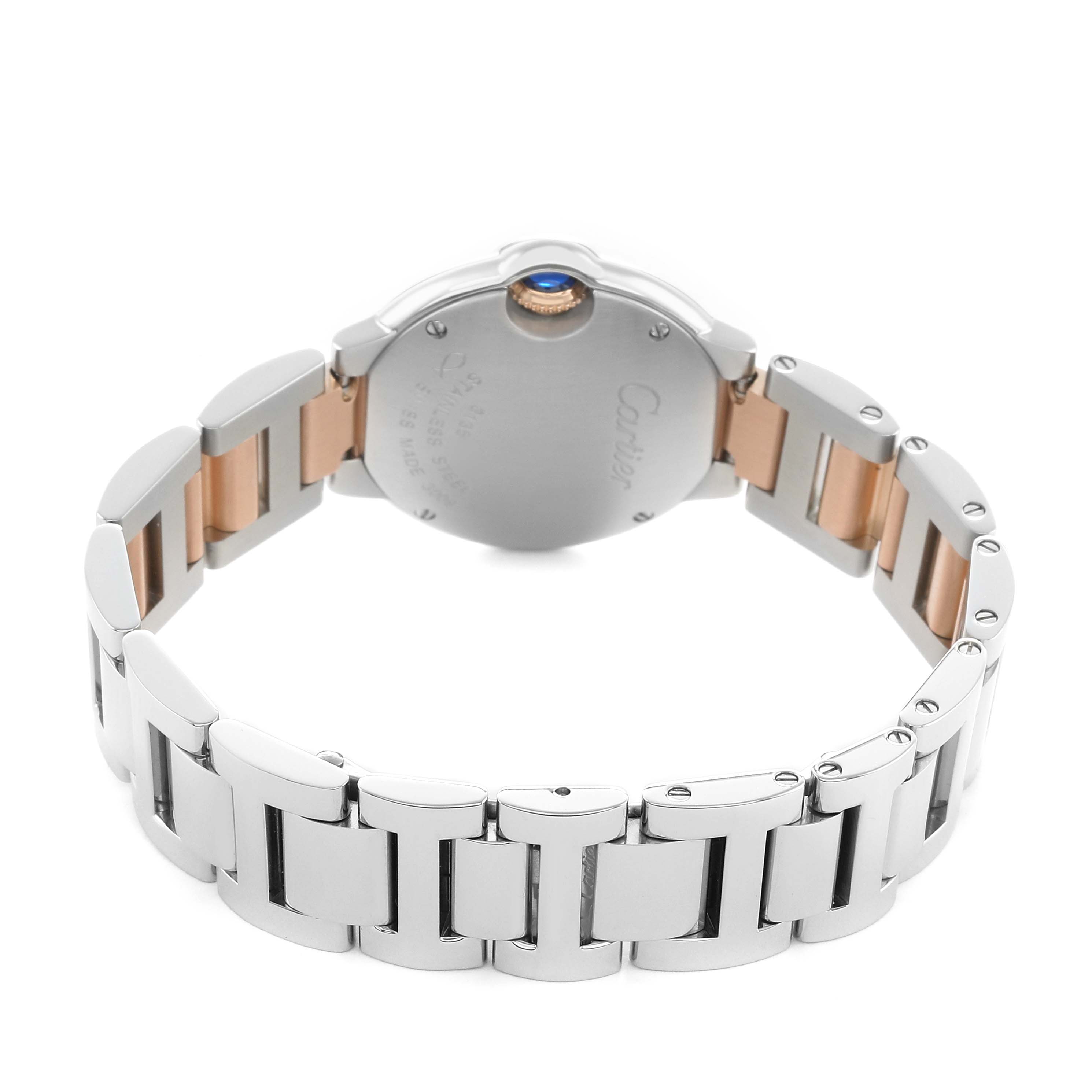 The image shows the back and bracelet of the Ballon Bleu de Cartier watch, highlighting its metal links and clasp.