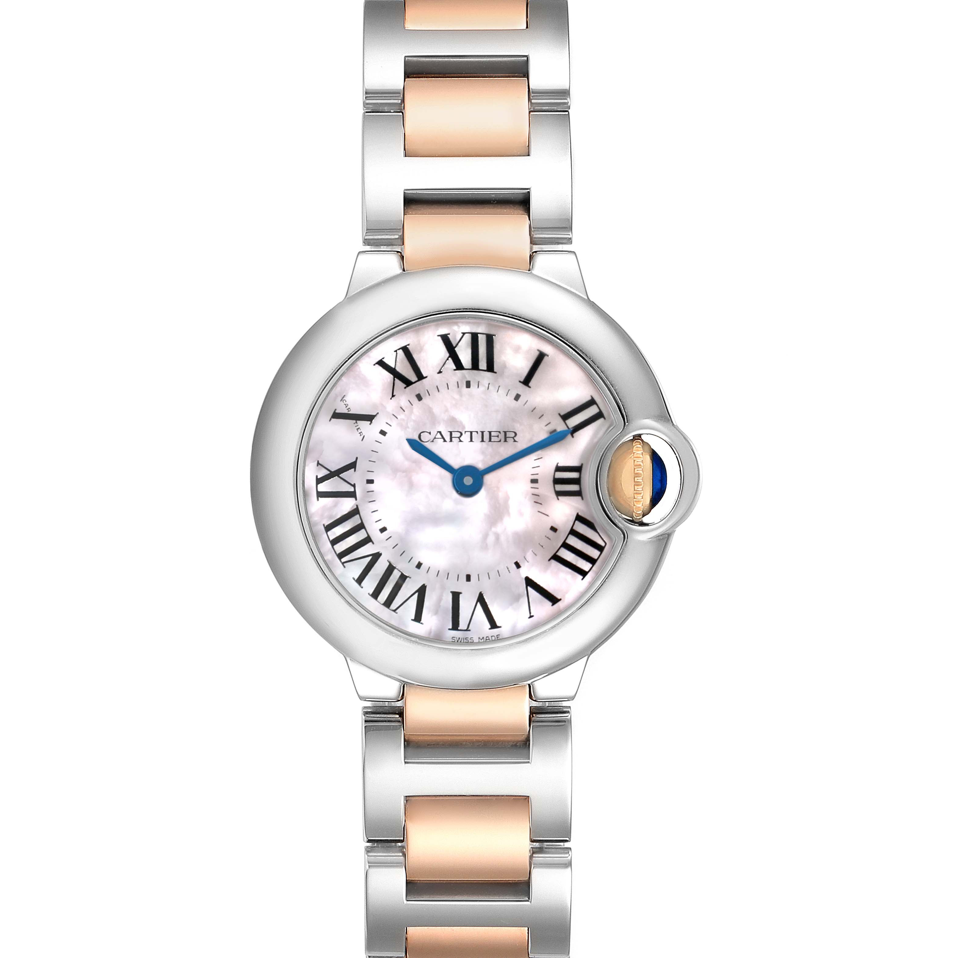 The Cartier Ballon Bleu W6920034 Women's Steel and Gold (two tone) Mother of Pearl Dial watch is shown from a top view, highlighting its dial, bezel, and bracelet.