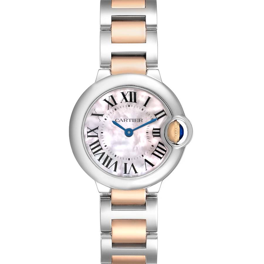 The Cartier Ballon Bleu W6920034 Women's Steel and Gold (two tone) Mother of Pearl Dial watch is shown from a top view, highlighting its dial, bezel, and bracelet.