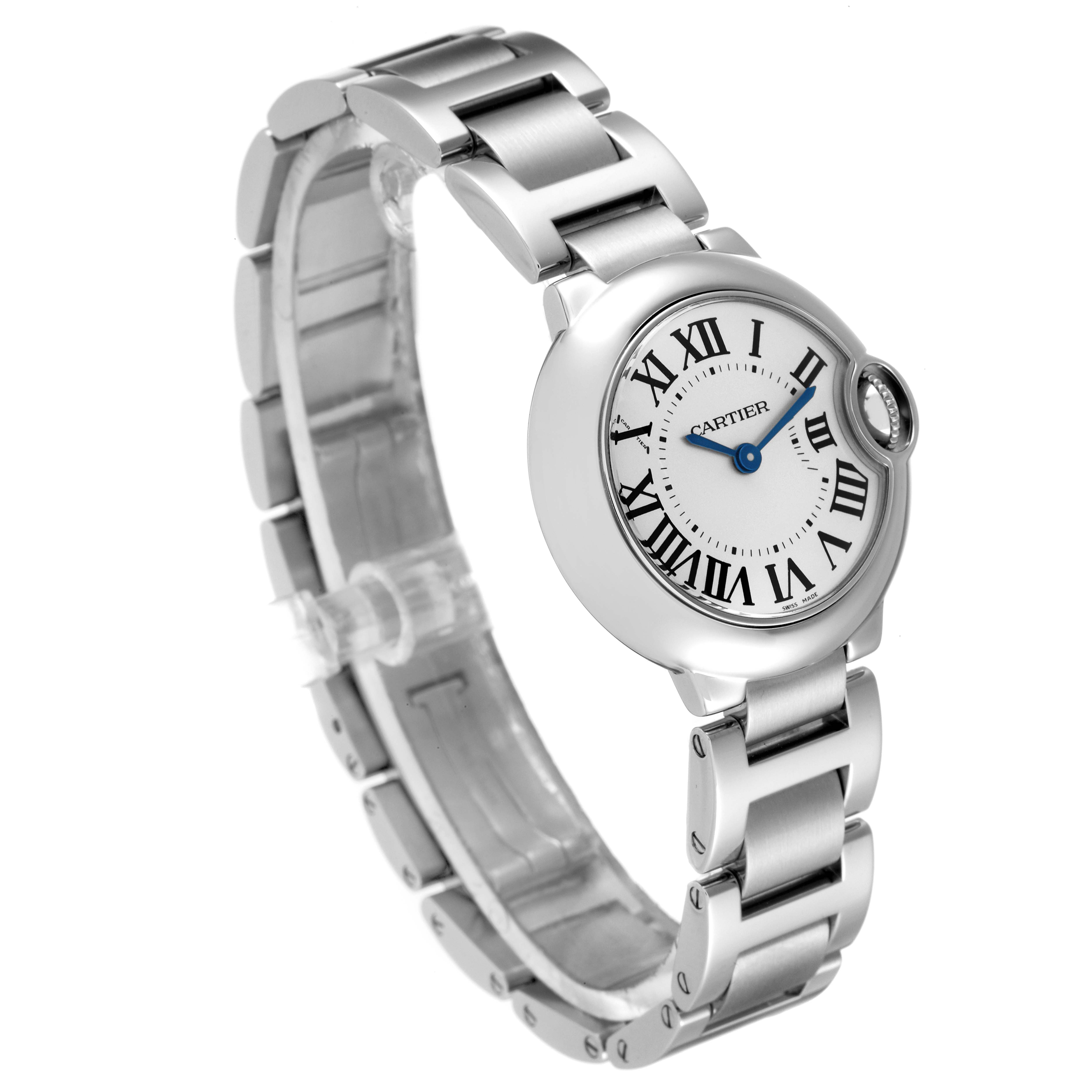 The image shows a front angled view of a Cartier Ballon Bleu W69010Z4 Women's Stainless Steel Silver Dial W69010Z4 Women's Stainless Steel Silver Dial watch, displaying the dial, hands, and metal bracelet.