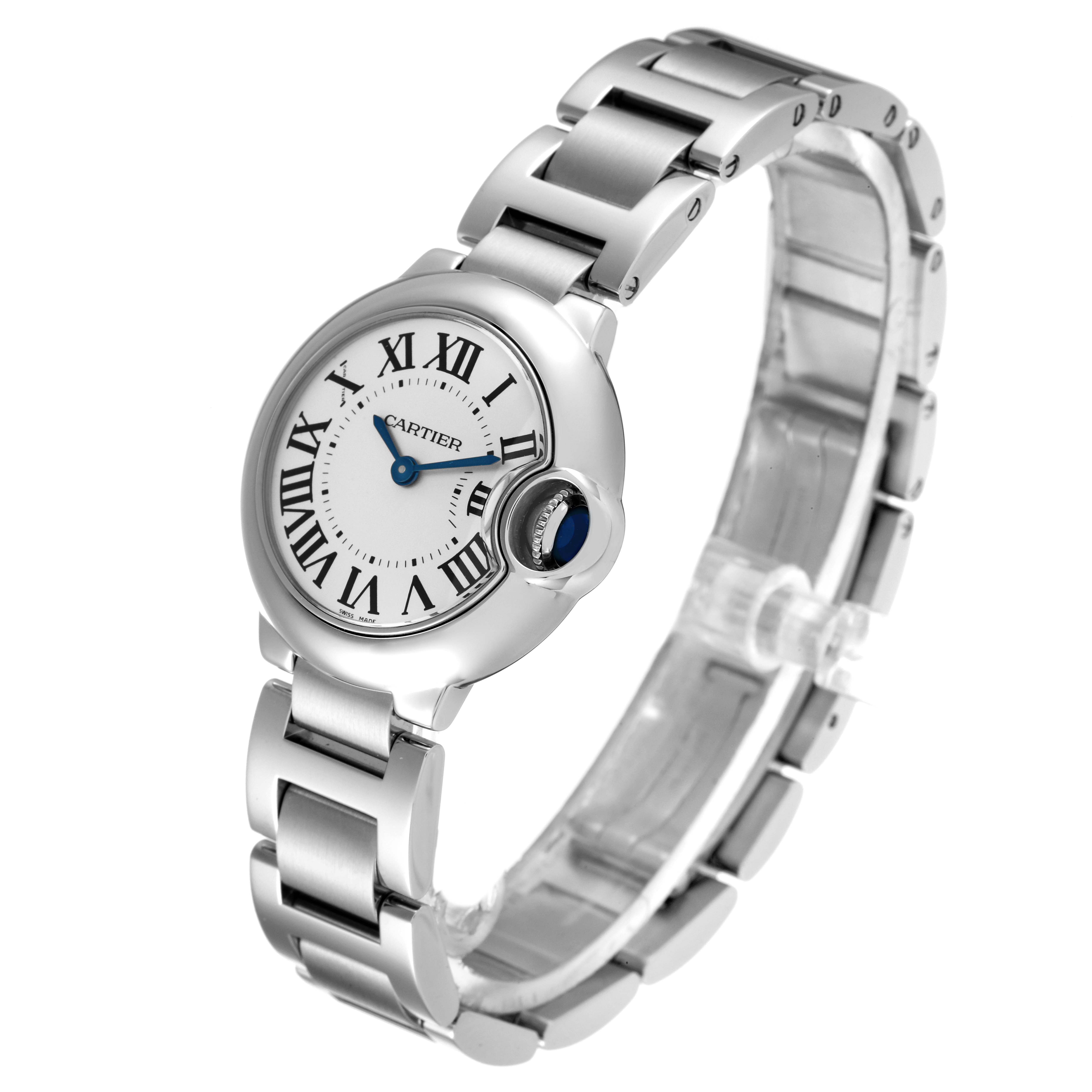 The image shows a Cartier Ballon Bleu W69010Z4 Women's Stainless Steel Silver Dial W69010Z4 Women's Stainless Steel Silver Dial watch at a slight left-side angle, highlighting the face, crown, and metal bracelet.