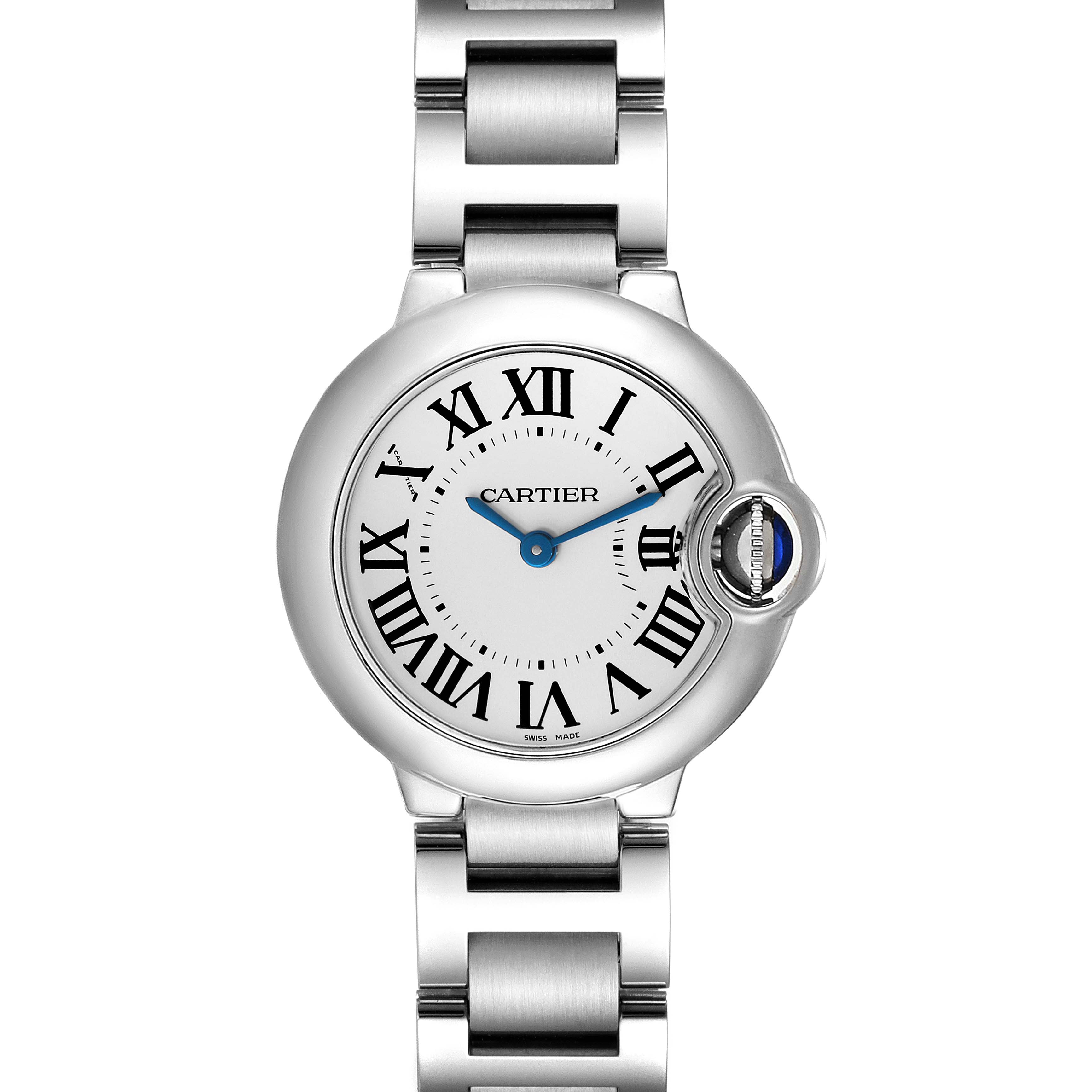 This image shows a Cartier Ballon Bleu W69010Z4 Women's Stainless Steel Silver Dial W69010Z4 Women's Stainless Steel Silver Dial watch from a front angle, highlighting its face and bracelet.