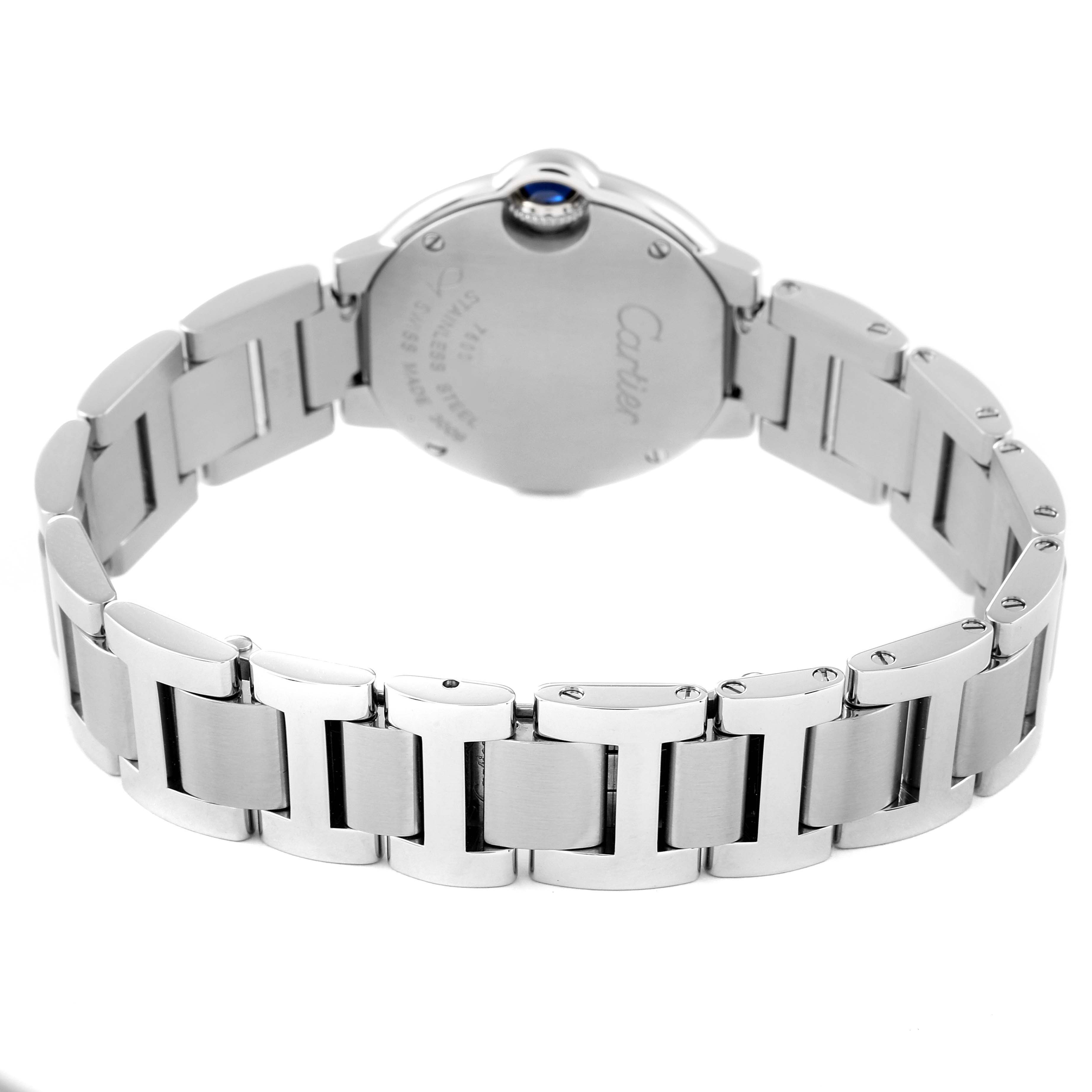 The image shows the back view of a Ballon Bleu model by Cartier, highlighting its stainless steel bracelet and case back.