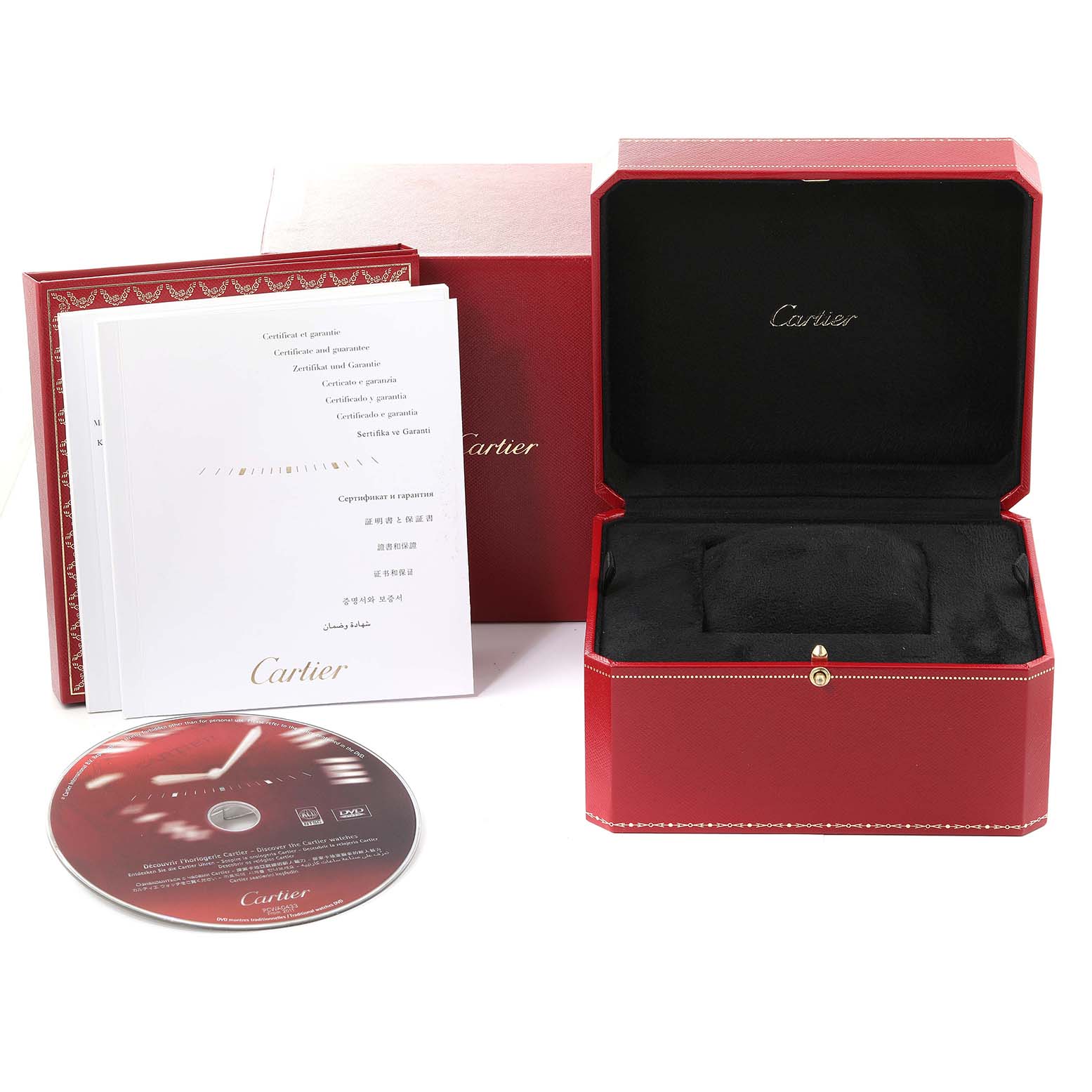 The image shows the accessories of a Ballon Bleu model by Cartier, including the box, booklet, and a CD.