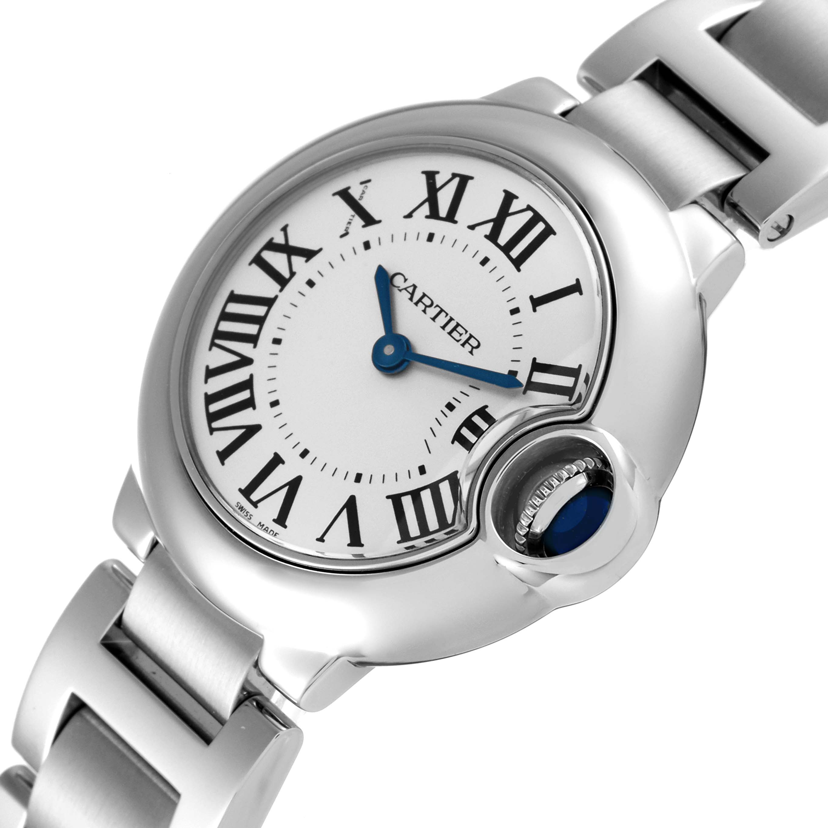 The image shows a close-up angle of the Ballon Bleu by Cartier watch, focusing on the dial and part of the bracelet.