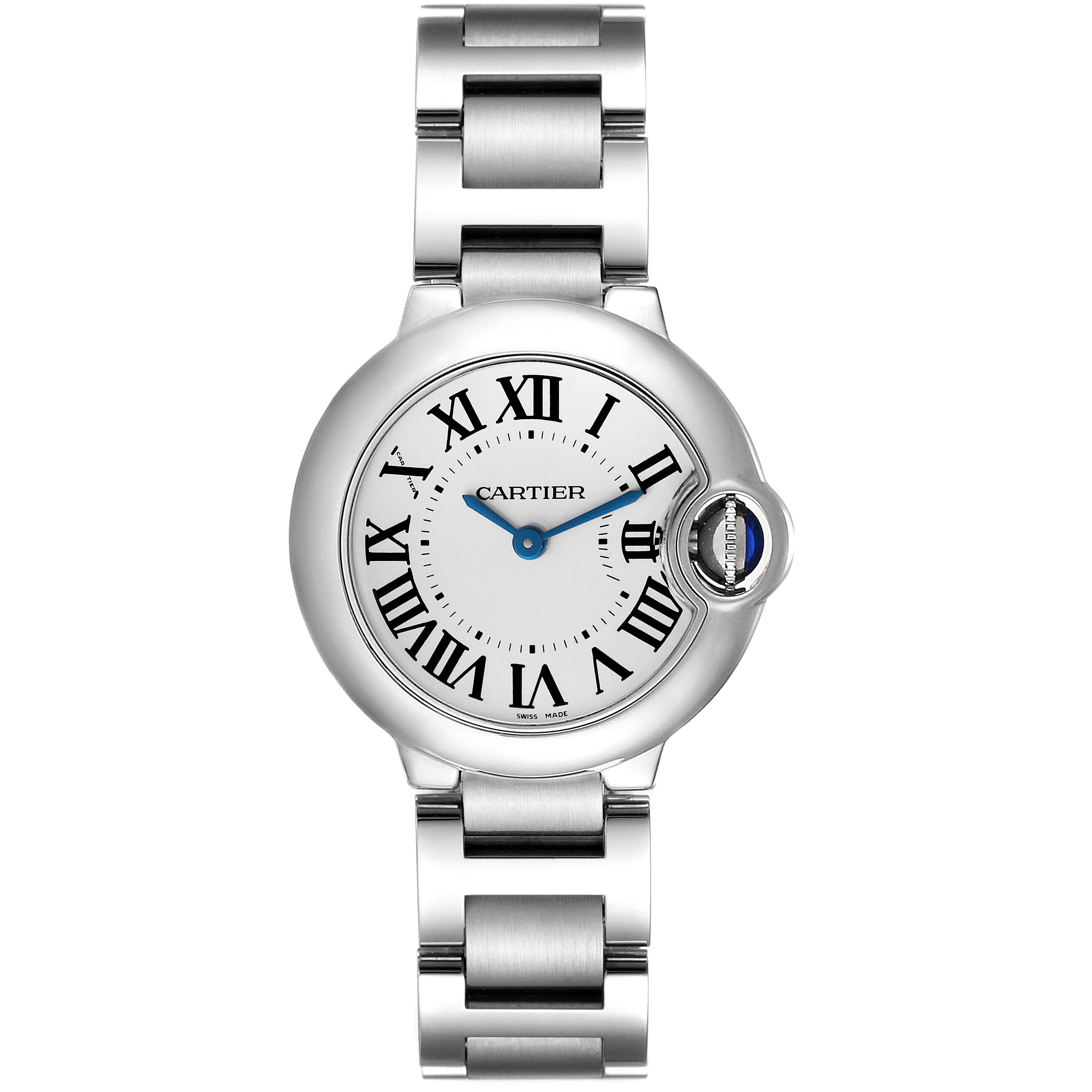 The Cartier Ballon Bleu W69010Z4 Women's Stainless Steel Silver Dial W69010Z4 Women's Stainless Steel Silver Dial watch is shown from a front angle, highlighting its face, Roman numerals, and metallic strap.