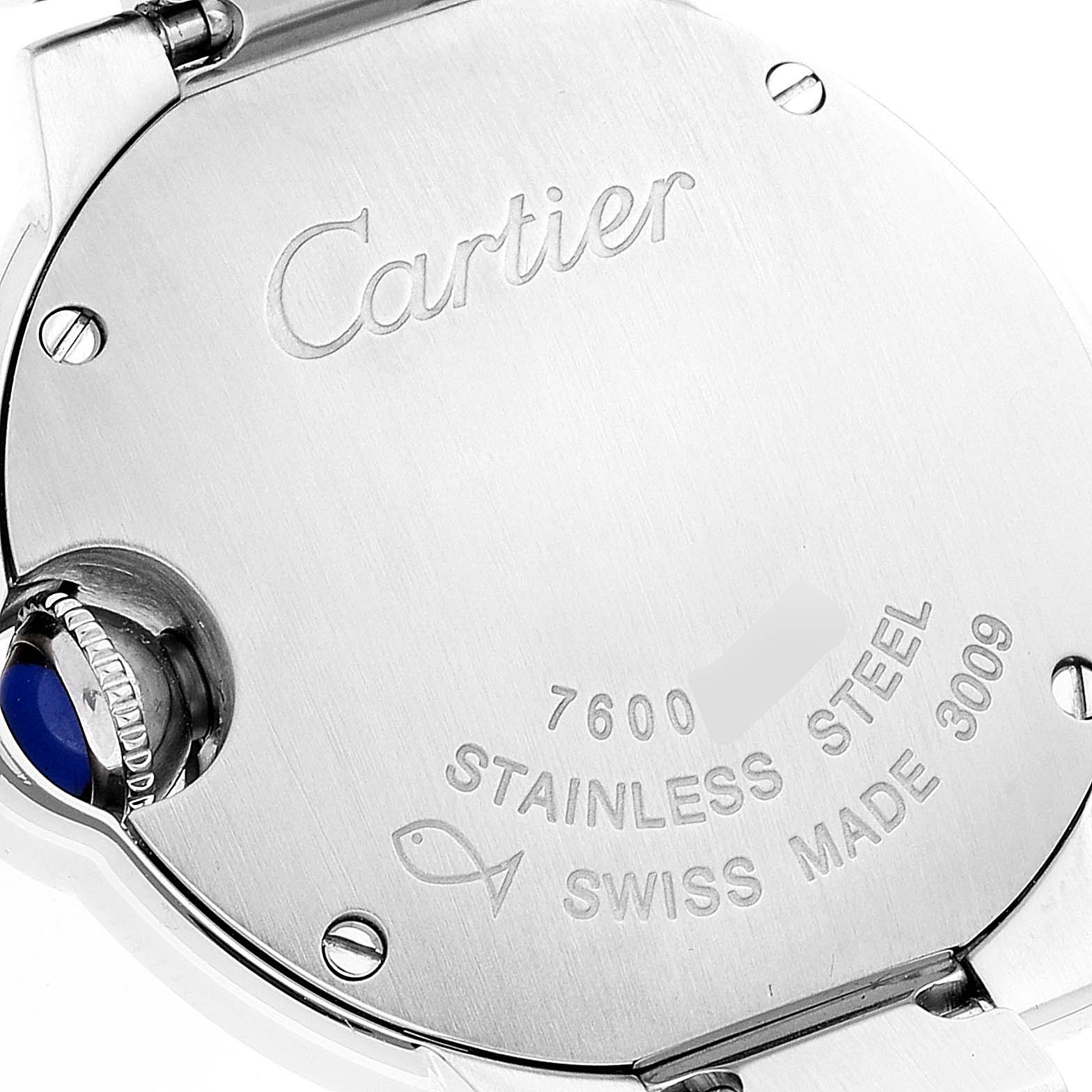 This image shows the back of the Ballon Bleu de Cartier watch, highlighting its stainless steel case and engraved inscriptions.