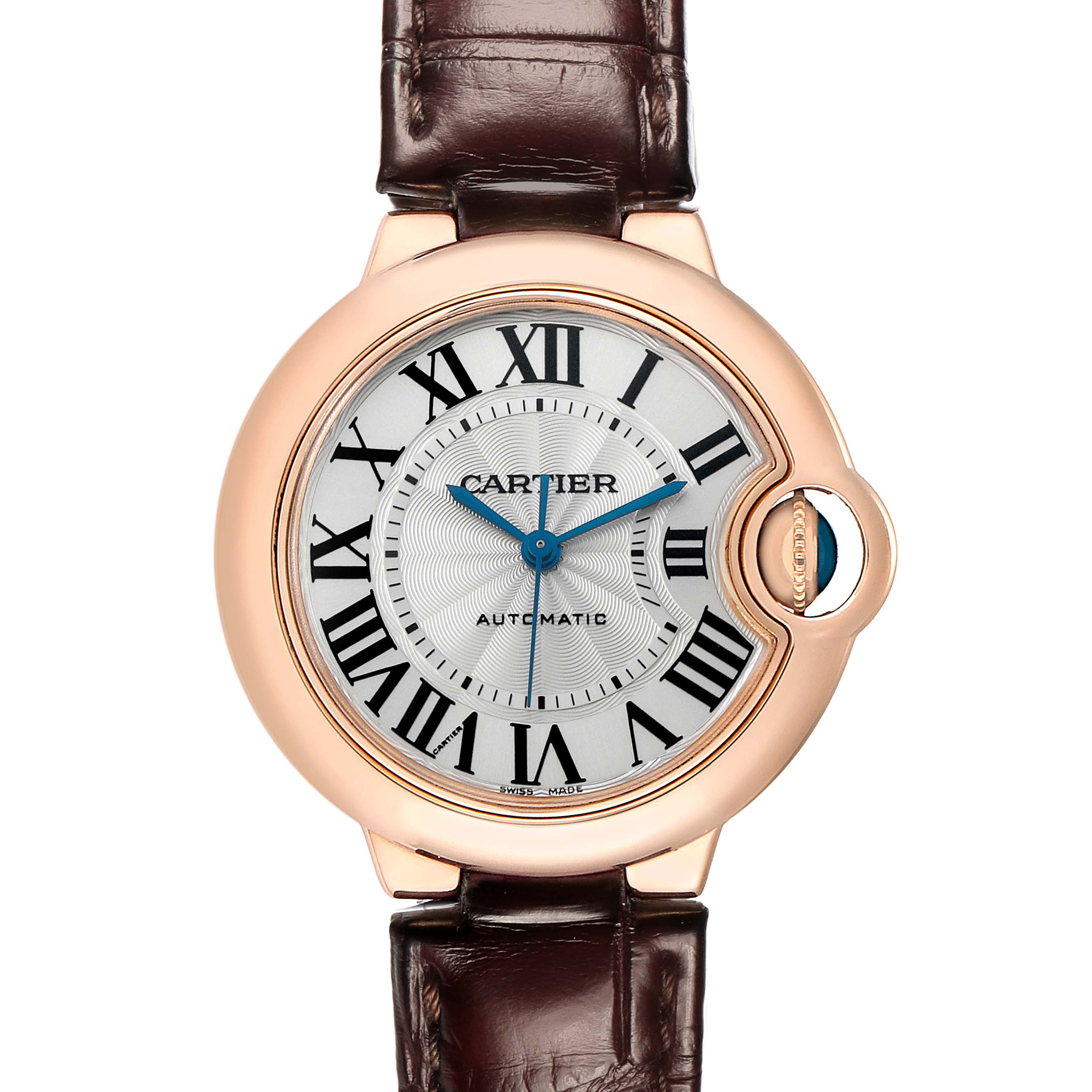 The Cartier Ballon Bleu W6920097 Women's Rose Gold Silver Dial watch is shown from a front angle, highlighting its round dial, Roman numerals, and crown with a blue cabochon.