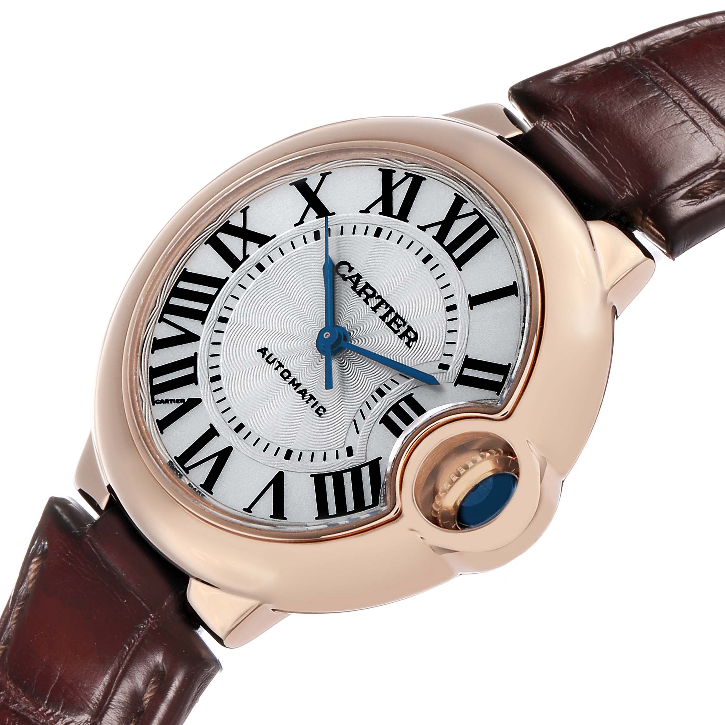 The Cartier Ballon Bleu W6920097 Women's Rose Gold Silver Dial watch is shown at an angled side view, highlighting its round case, Roman numerals, and sapphire crown.