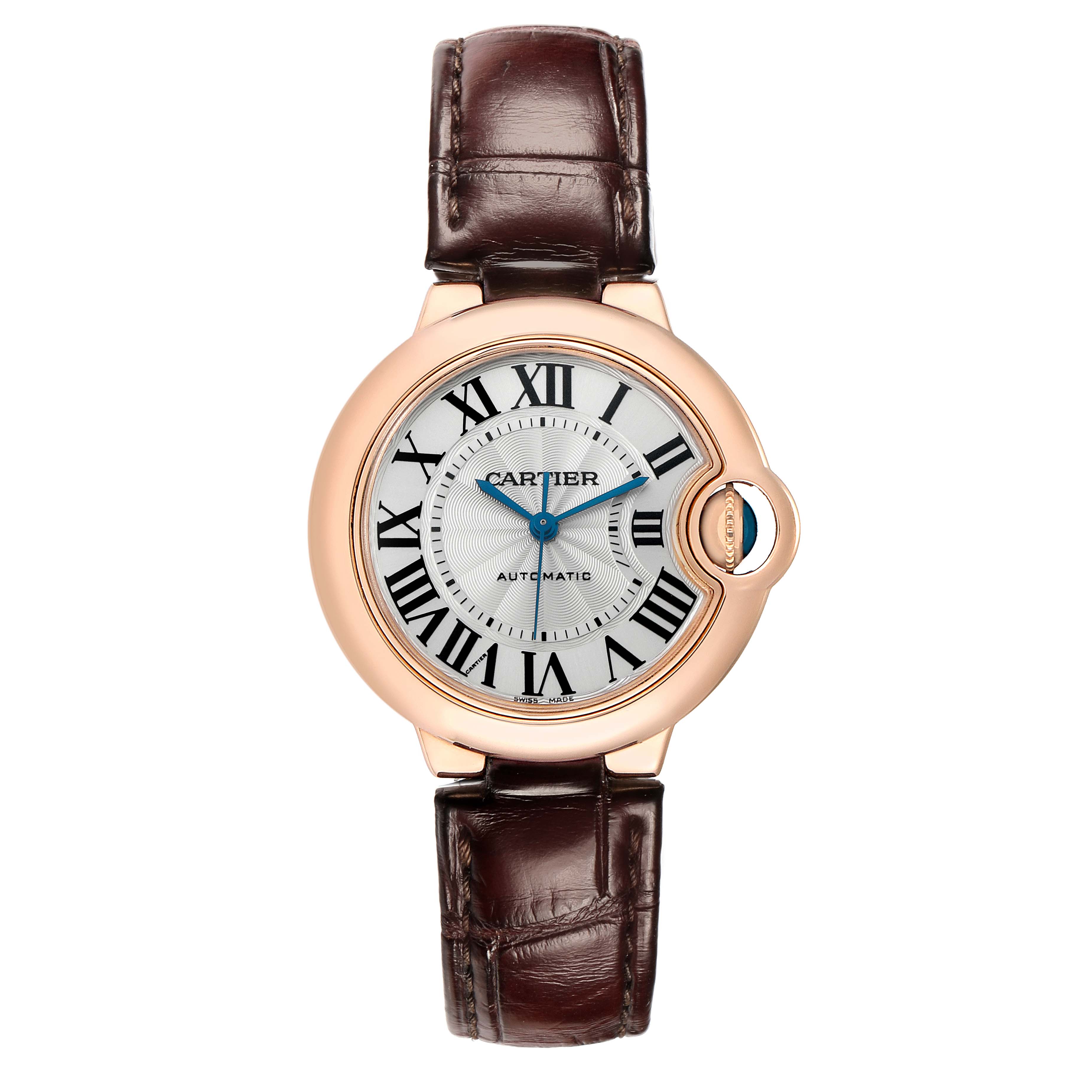 The Cartier Ballon Bleu W6920097 Women's Rose Gold Silver Dial watch is shown from a top view, displaying its dial, case, and brown leather strap.