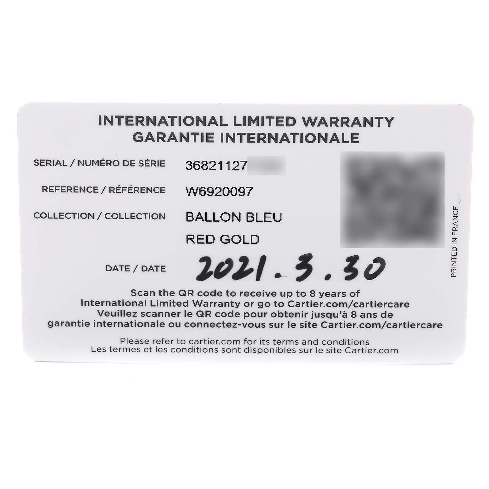 The image shows the warranty card for a Cartier Ballon Bleu W6920097 Women's Rose Gold Silver Dial watch, featuring serial and reference numbers.