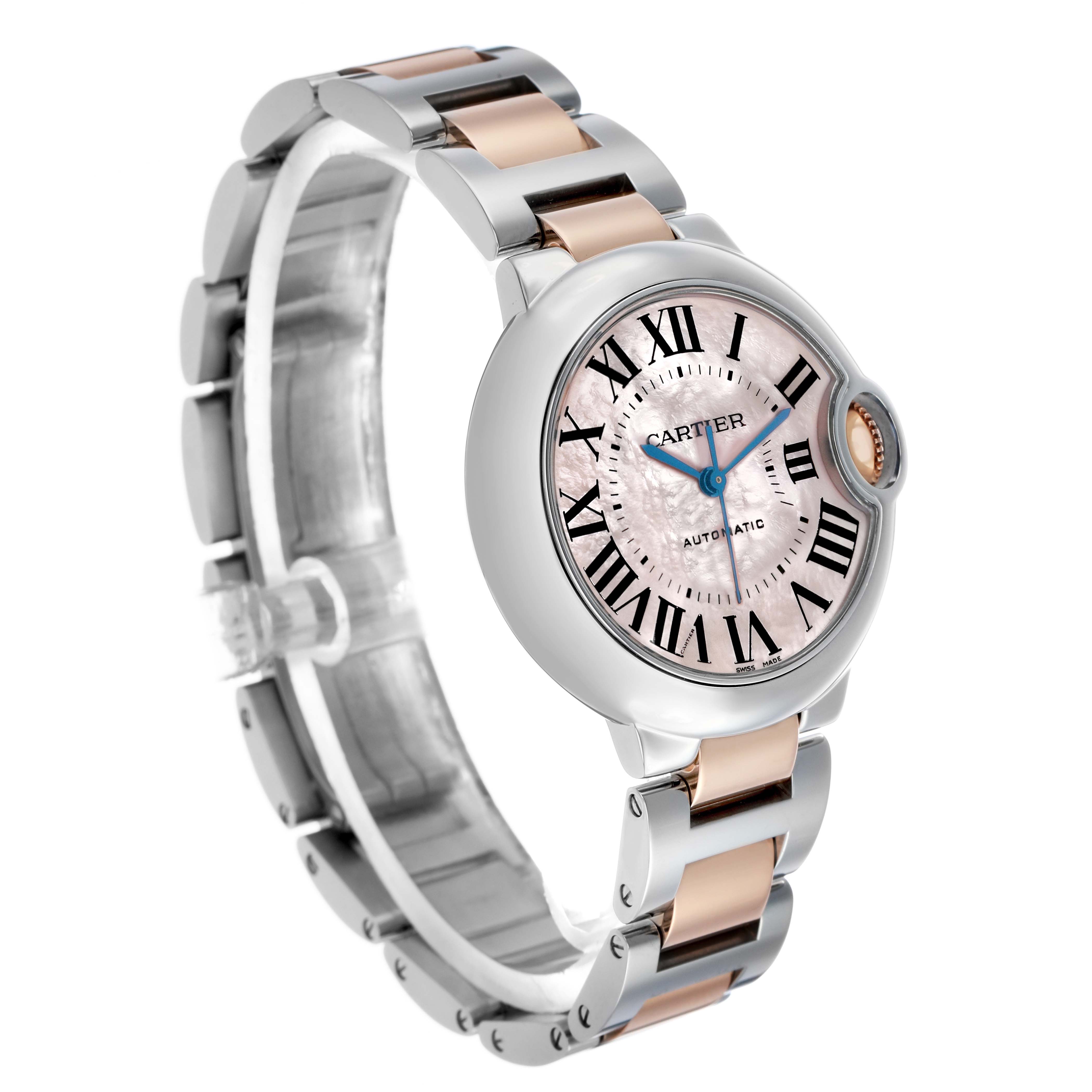 The Cartier Ballon Bleu W6920070 Women's Steel and Gold (two tone) Mother of Pearl Dial watch is shown at a three-quarter angle, highlighting the face, Roman numerals, and metal bracelet.