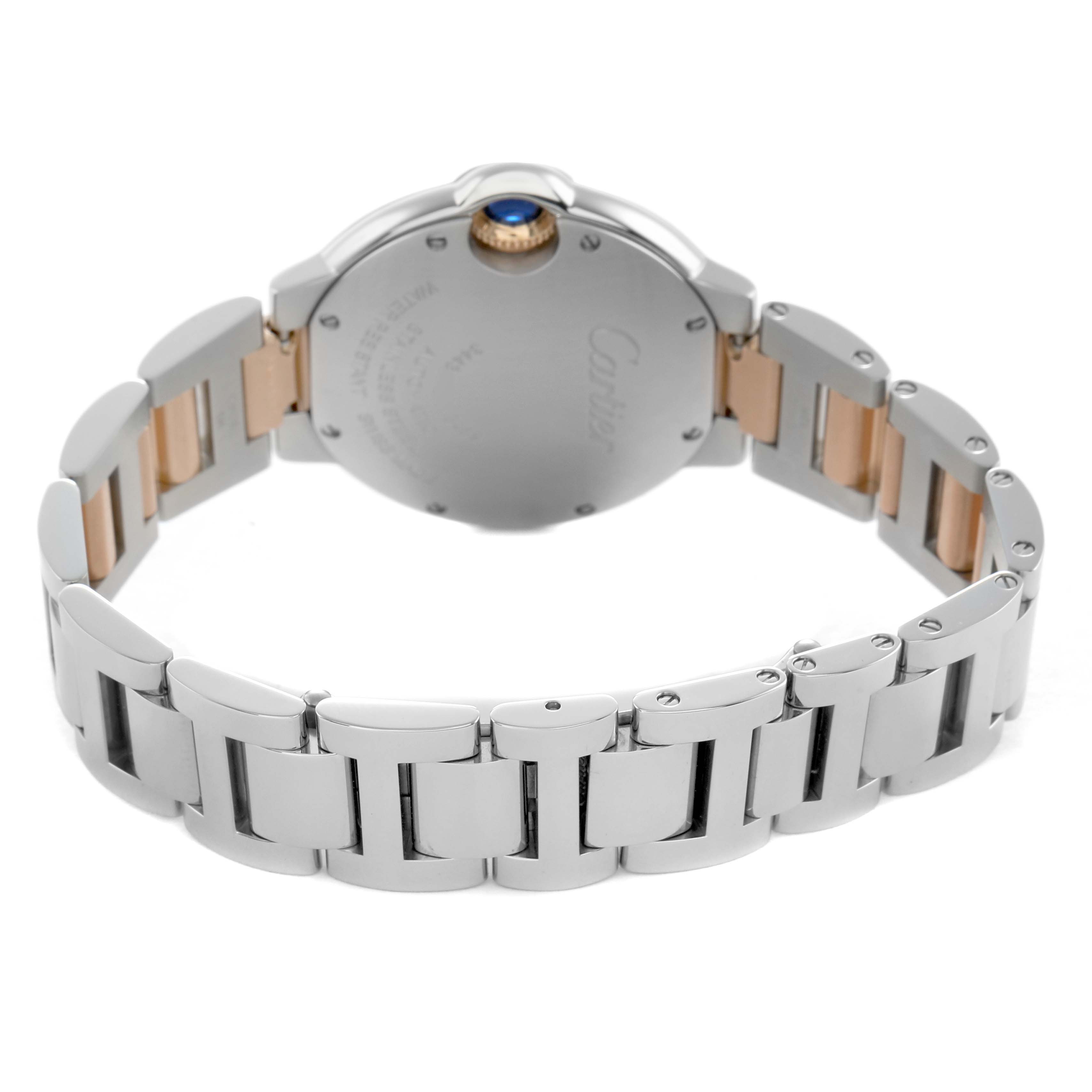 The image shows the back and bracelet of a Cartier Ballon Bleu W6920070 Women's Steel and Gold (two tone) Mother of Pearl Dial, highlighting its clasp and crown from a rear angle.