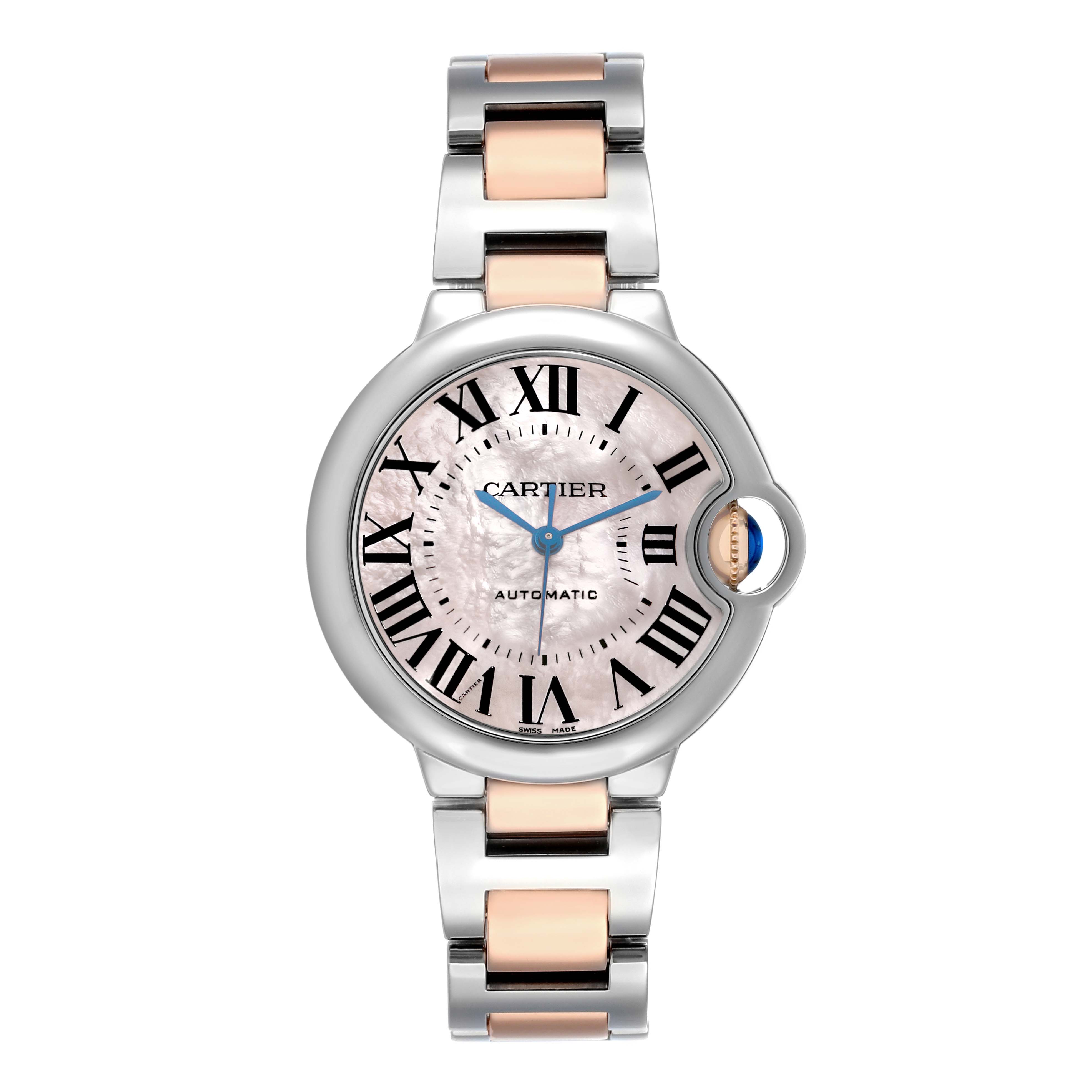 The Cartier Ballon Bleu W6920070 Women's Steel and Gold (two tone) Mother of Pearl Dial watch is shown from a front angle, highlighting its dial and two-tone bracelet.