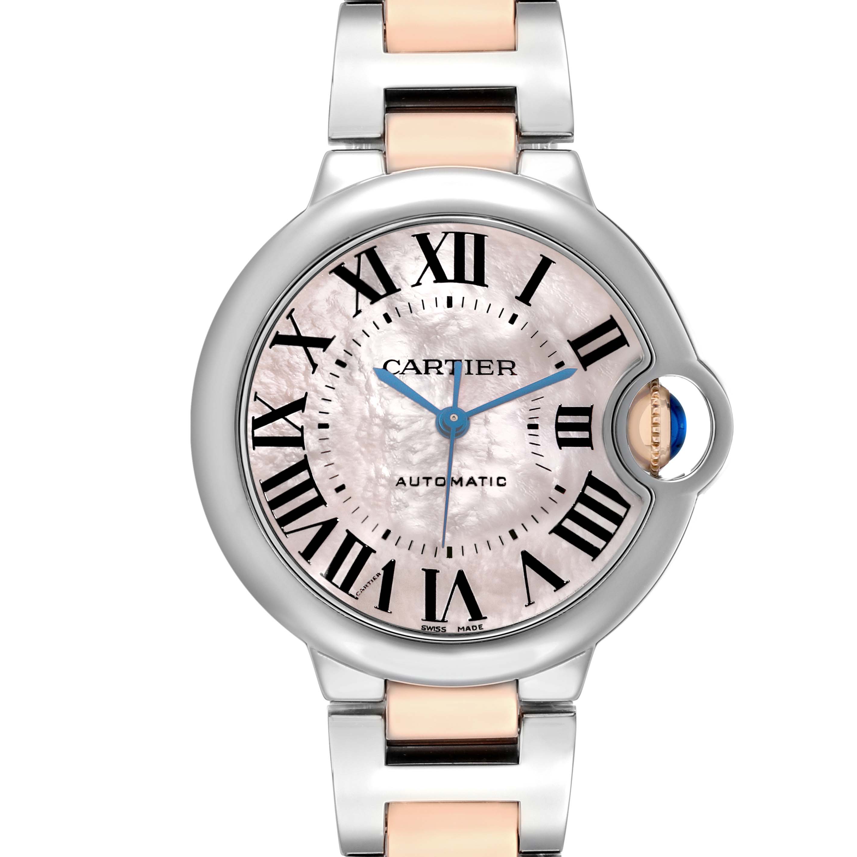 The Cartier Ballon Bleu W6920070 Women's Steel and Gold (two tone) Mother of Pearl Dial watch is shown from a frontal angle, displaying its dial, hands, and crown detail.