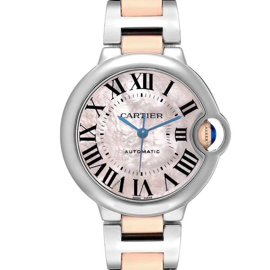 The Cartier Ballon Bleu W6920070 Women's Steel and Gold (two tone) Mother of Pearl Dial watch is shown from a frontal angle, displaying its dial, hands, and crown detail.