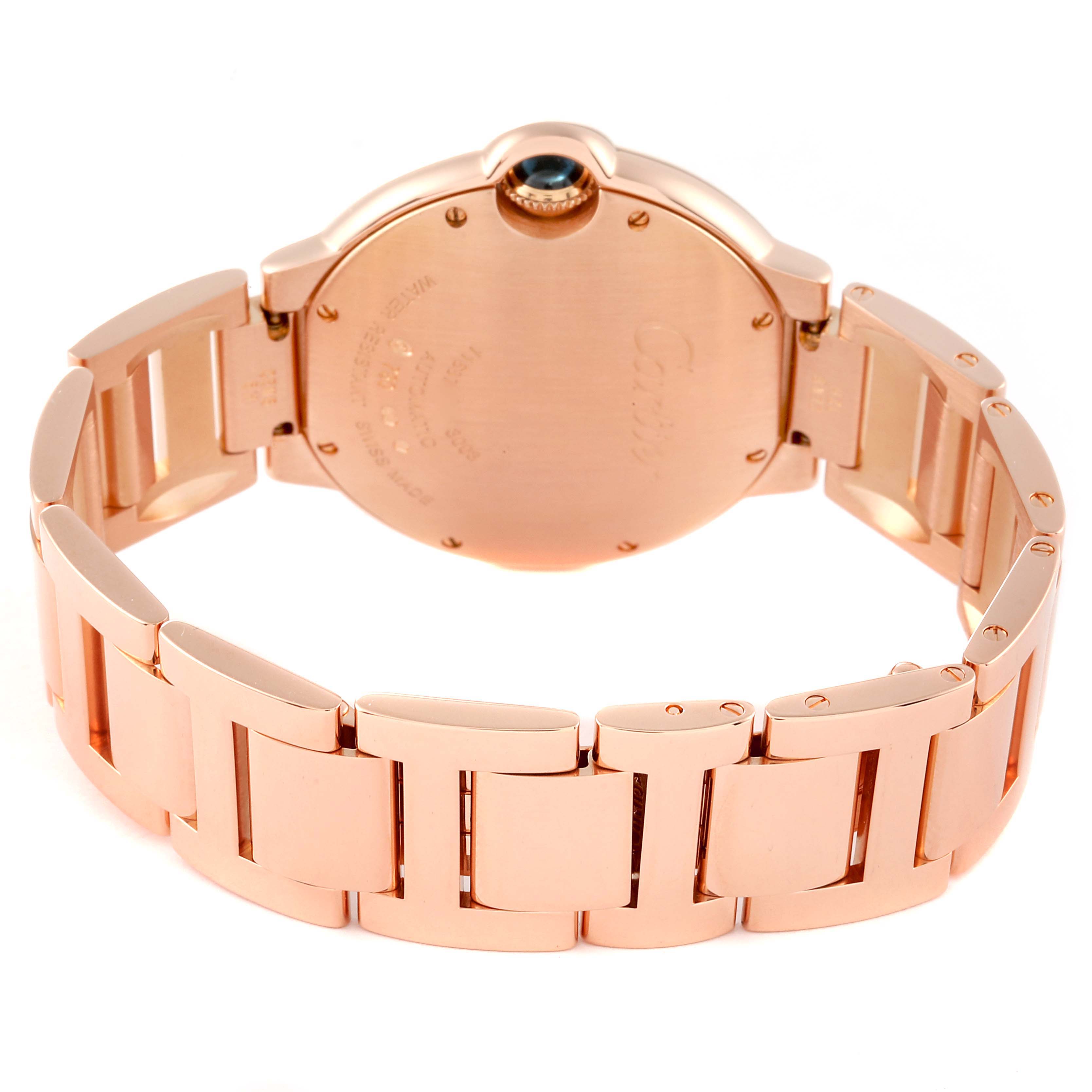 The image shows the back view of a Ballon Bleu model watch by Cartier, highlighting its case back and bracelet.