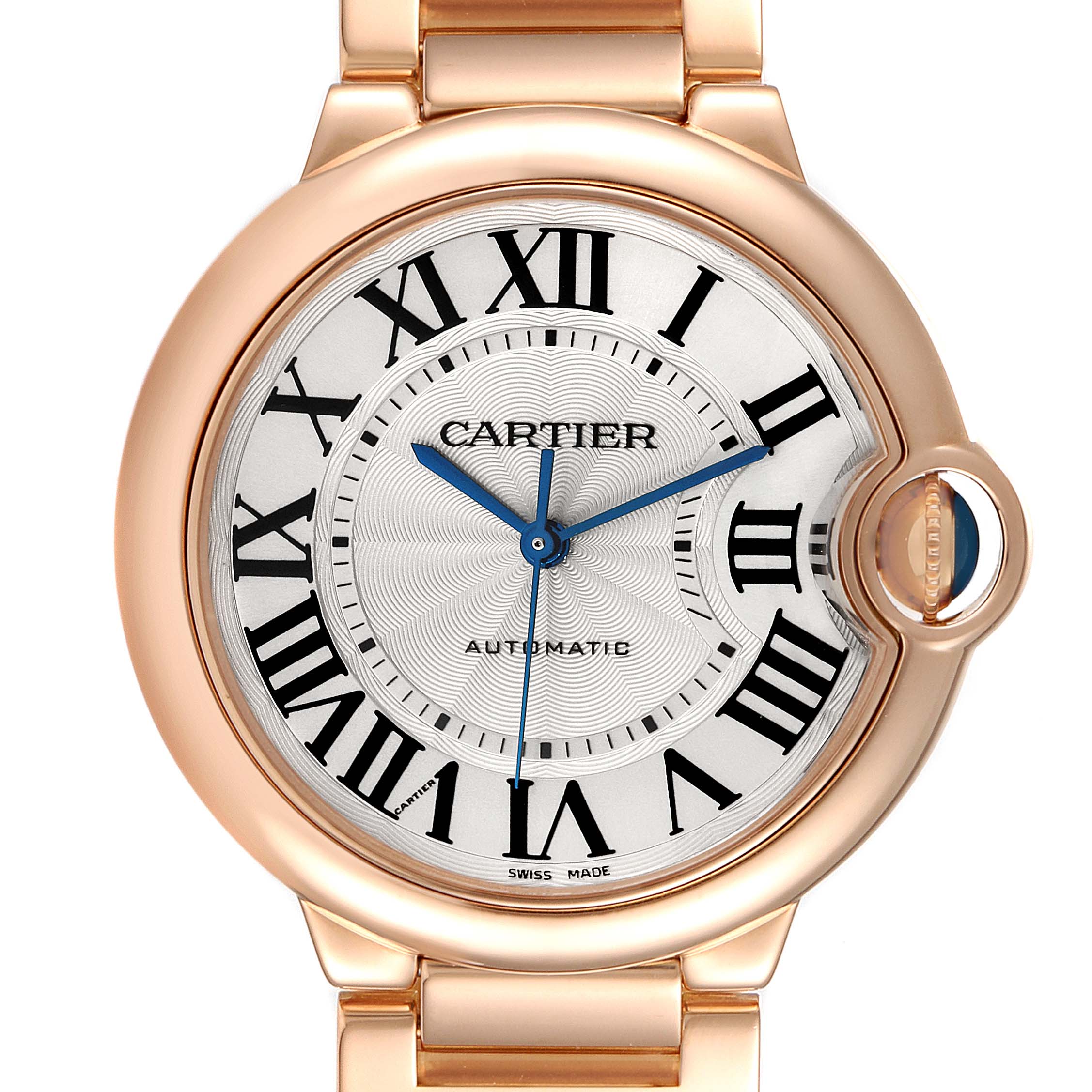 This image shows a front view of the Ballon Bleu de Cartier watch, highlighting its face, bezel, and partially the bracelet.
