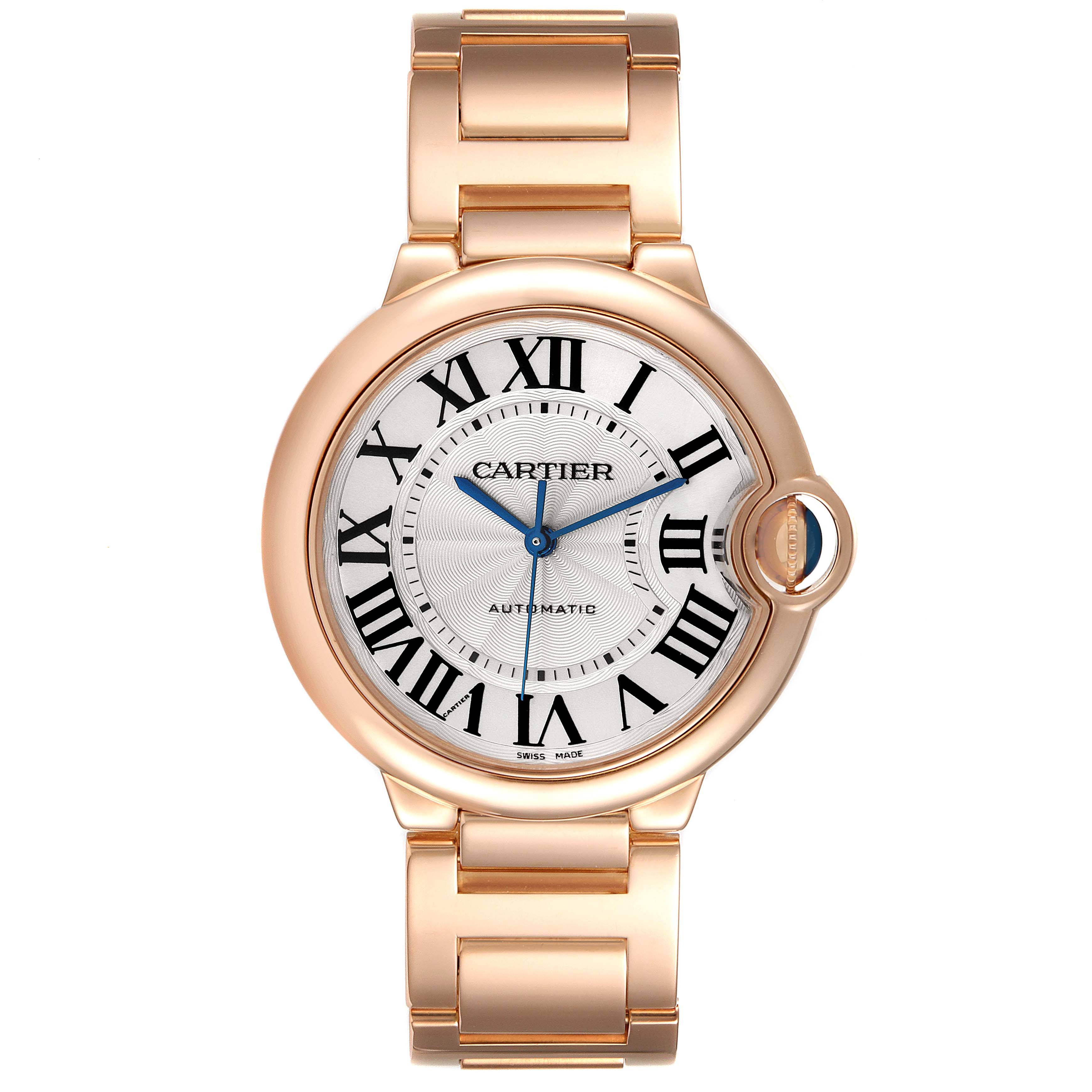 The image shows a front view of a Cartier Ballon Bleu W69004Z2 Men's Rose Gold Silver Dial W69004Z2 Men's Rose Gold Silver Dial watch, highlighting its face and part of the bracelet.