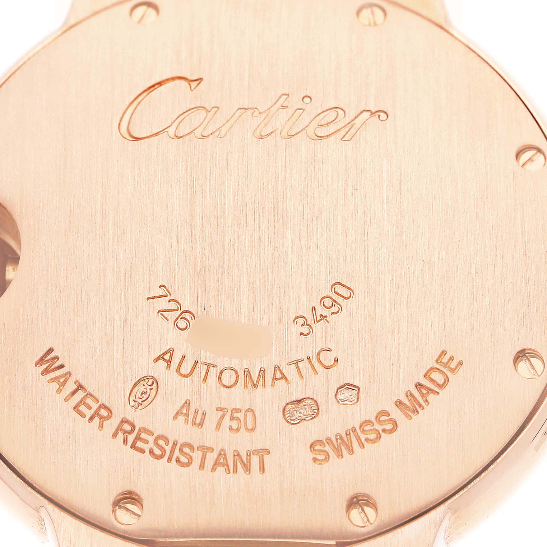 This image shows the back case of a Cartier Ballon Bleu WE902034 Women's Rose Gold Silver Dial WE902034 Women's Rose Gold Silver Dial watch, highlighting its engravings and water resistance.
