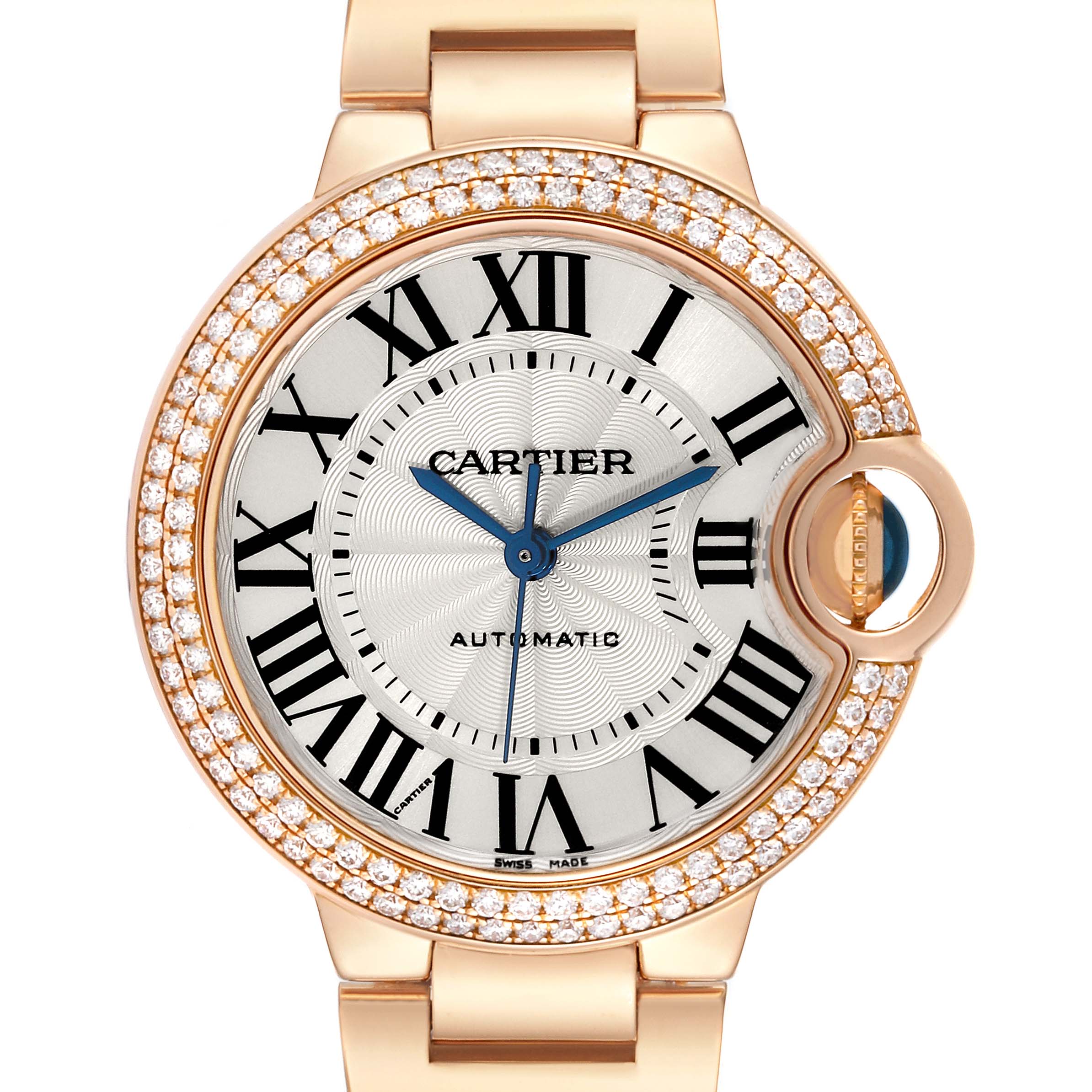 The image shows a close-up of the Cartier Ballon Bleu WE902034 Women's Rose Gold Silver Dial WE902034 Women's Rose Gold Silver Dial watch face and bezel.