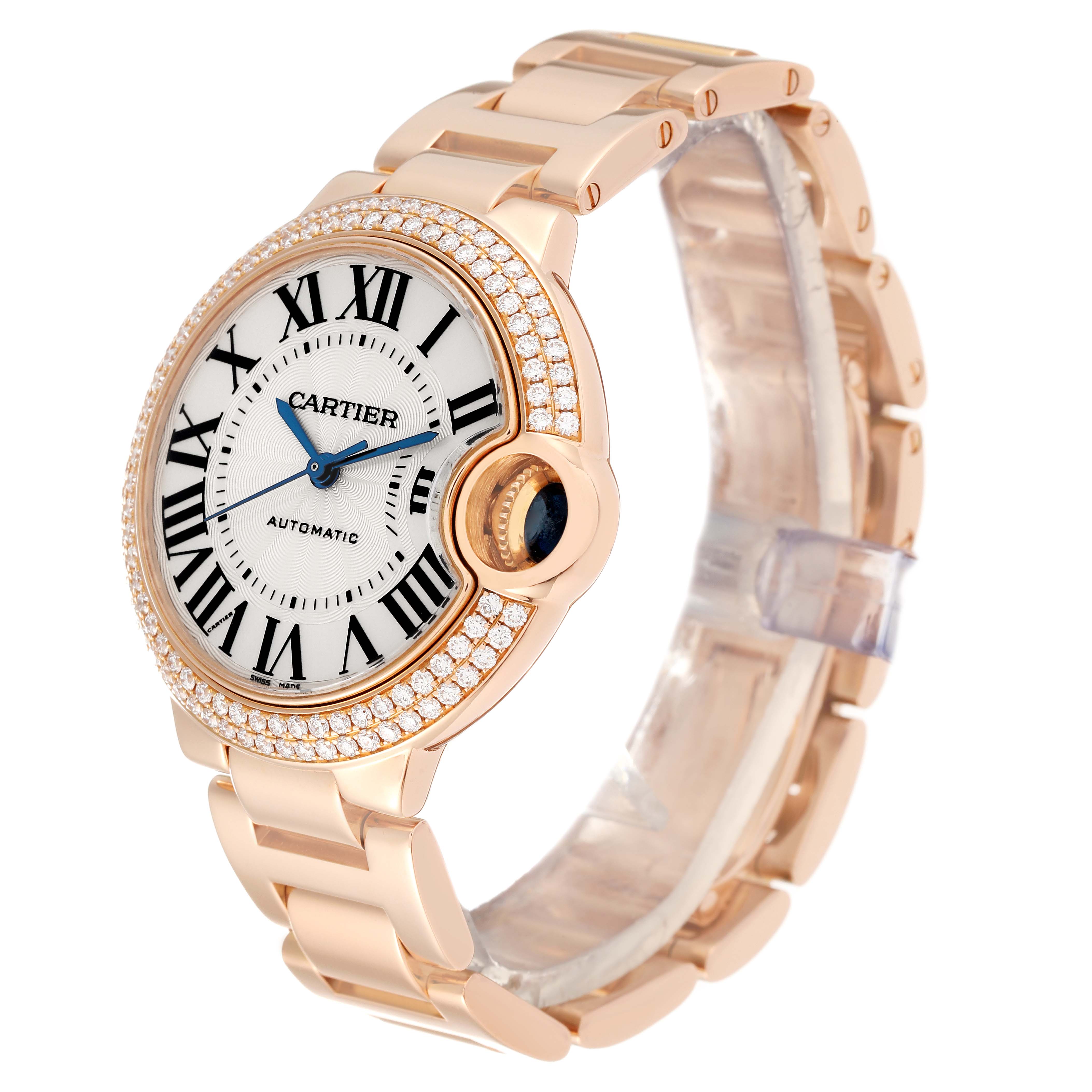 The Cartier Ballon Bleu WE902034 Women's Rose Gold Silver Dial WE902034 Women's Rose Gold Silver Dial watch is shown at a front-left angle, highlighting its dial, bracelet, and diamond-encrusted bezel.