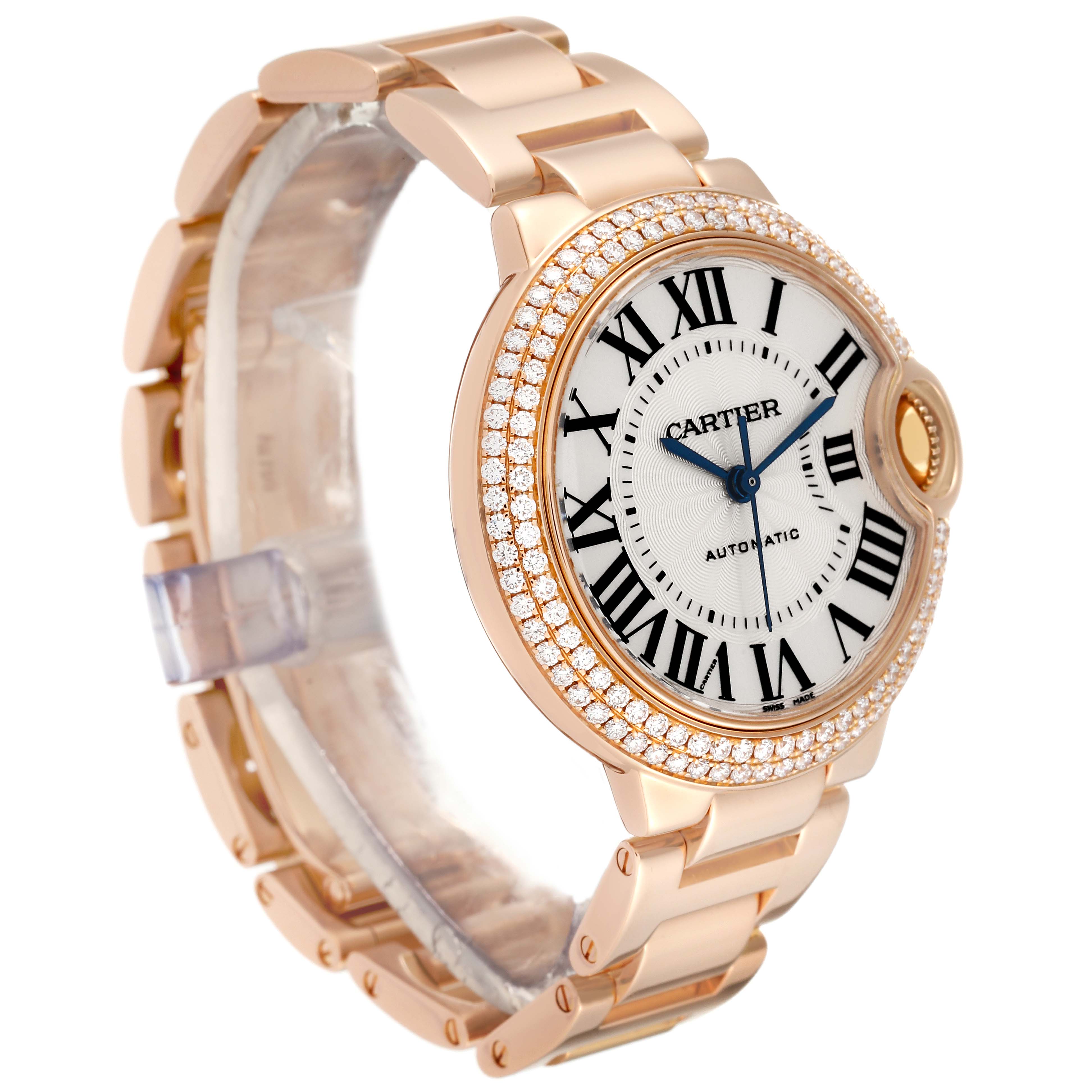 The image displays a Cartier Ballon Bleu WE902034 Women's Rose Gold Silver Dial WE902034 Women's Rose Gold Silver Dial watch from a front angle, showcasing its face, band, and diamond-encrusted bezel.