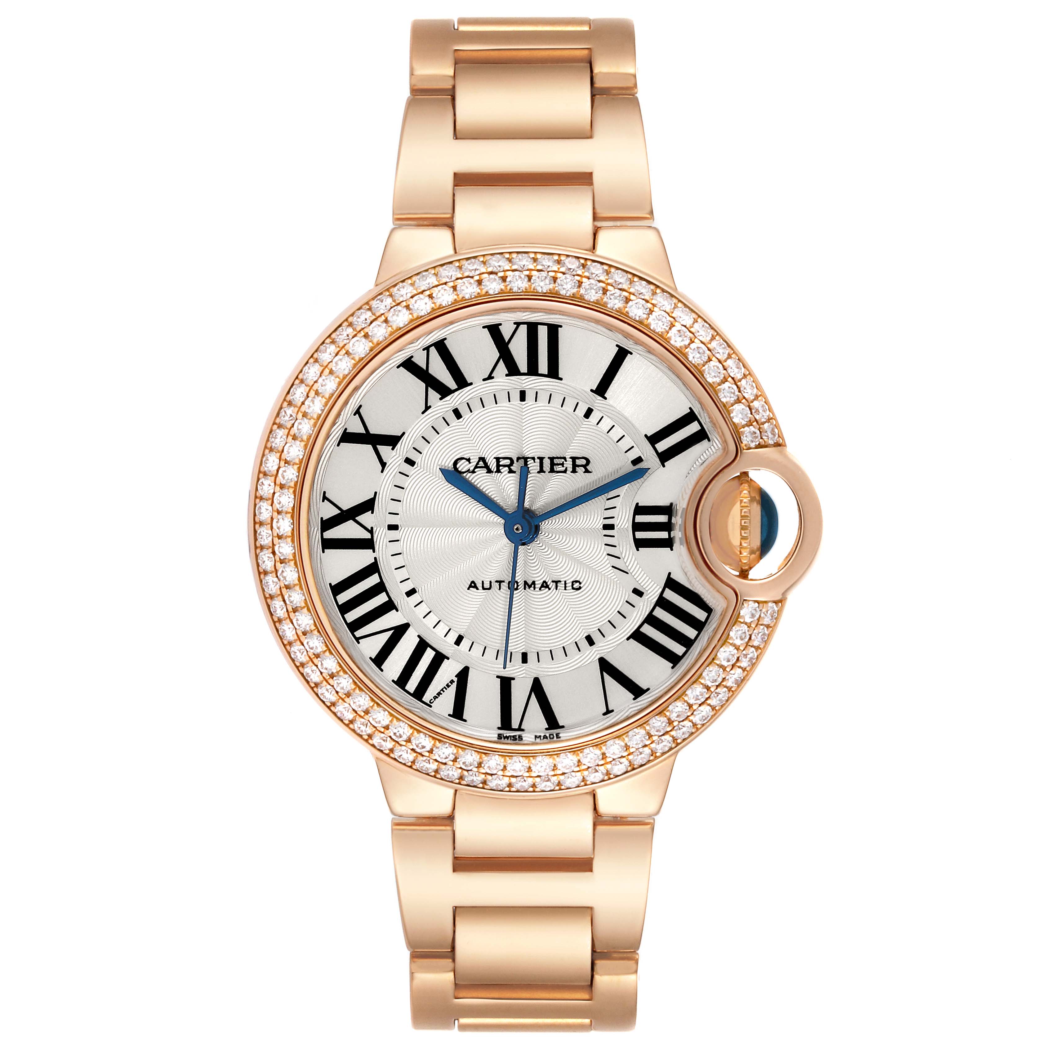 This image shows a Cartier Ballon Bleu WE902034 Women's Rose Gold Silver Dial WE902034 Women's Rose Gold Silver Dial watch from a front angle, displaying the face, bracelet, and diamond-set bezel.
