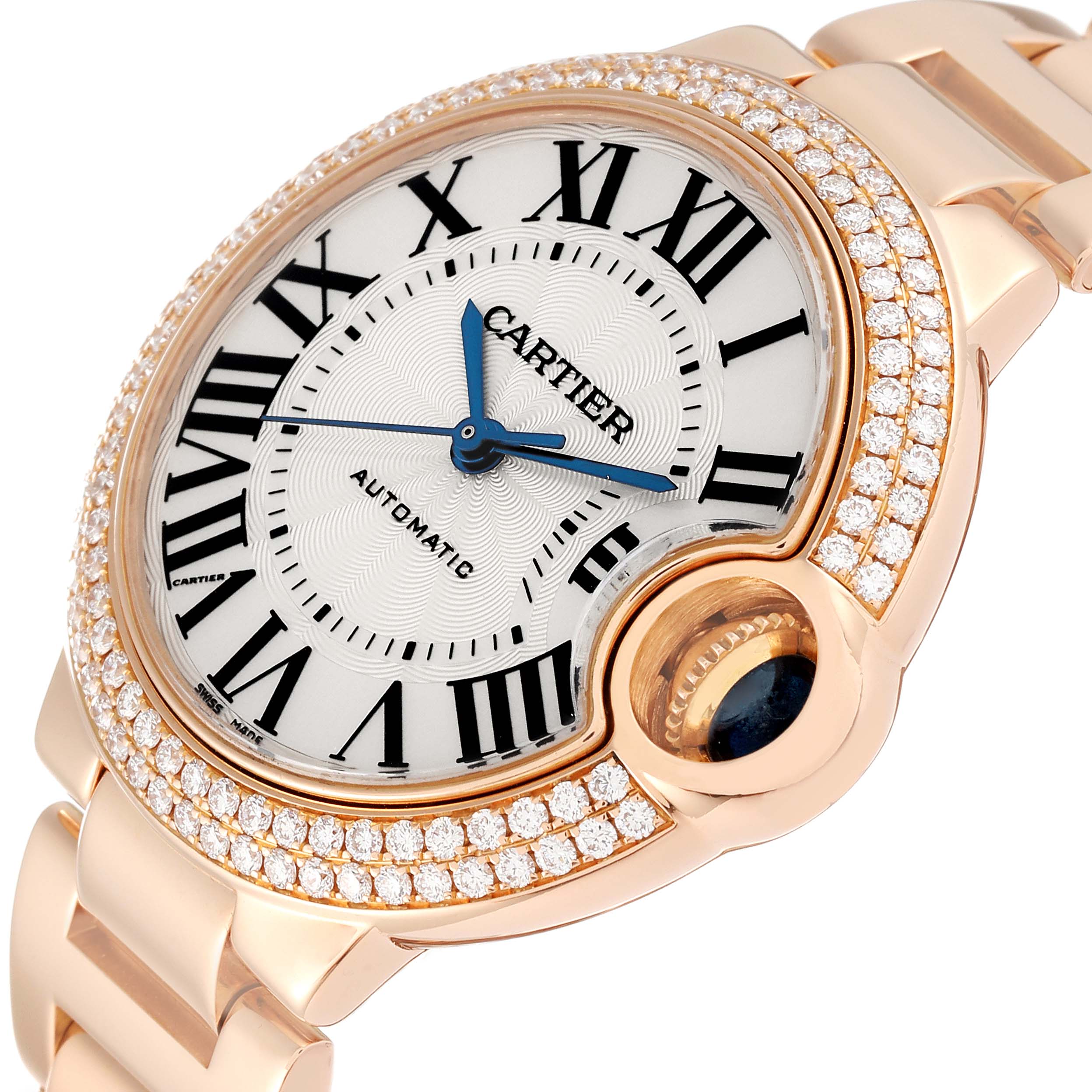 This image shows a close-up of the Cartier Ballon Bleu WE902034 Women's Rose Gold Silver Dial WE902034 Women's Rose Gold Silver Dial watch face and part of the bracelet, highlighting its diamond bezel.