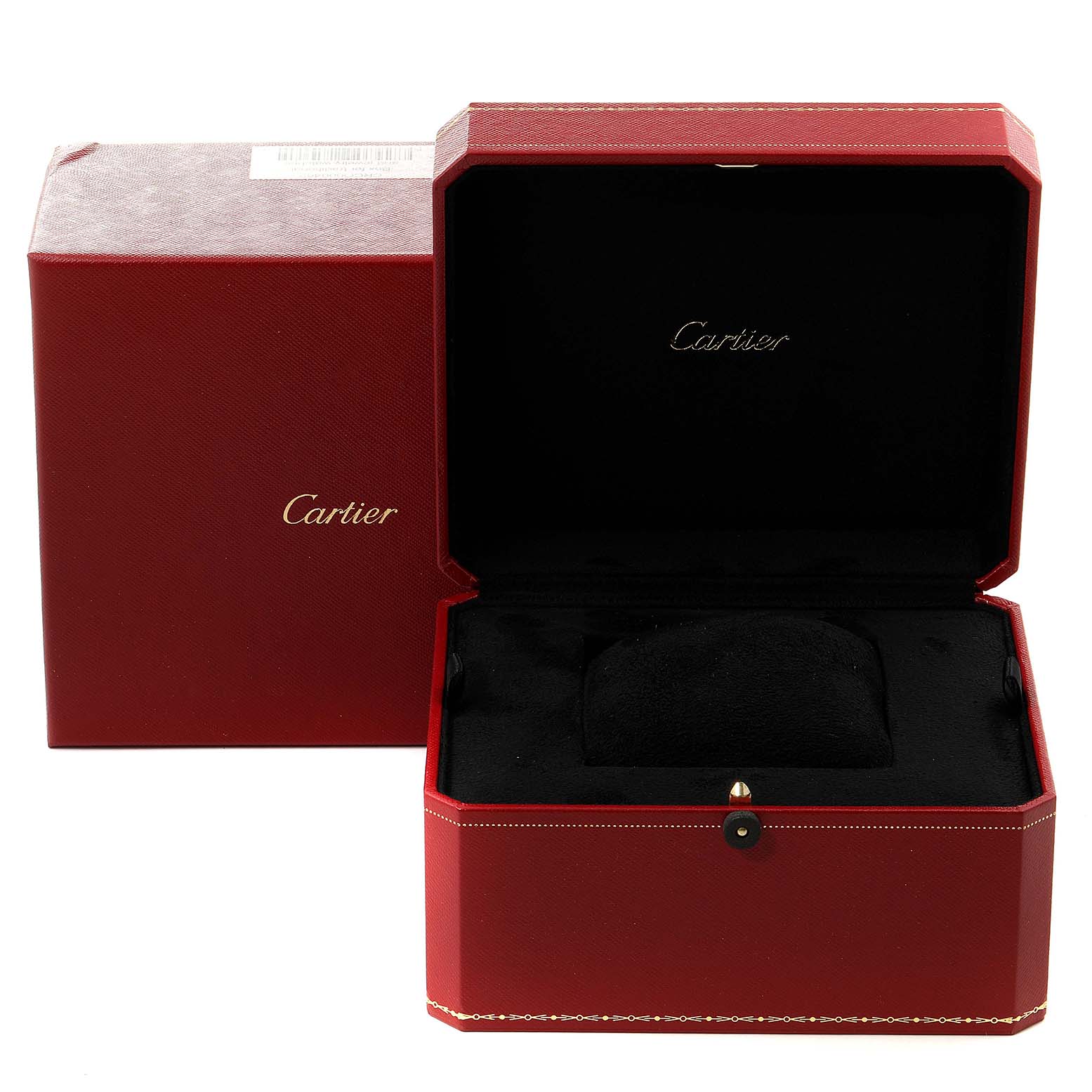 The image shows the open watch box for a Calibre de Cartier model by Cartier, revealing the interior cushion.