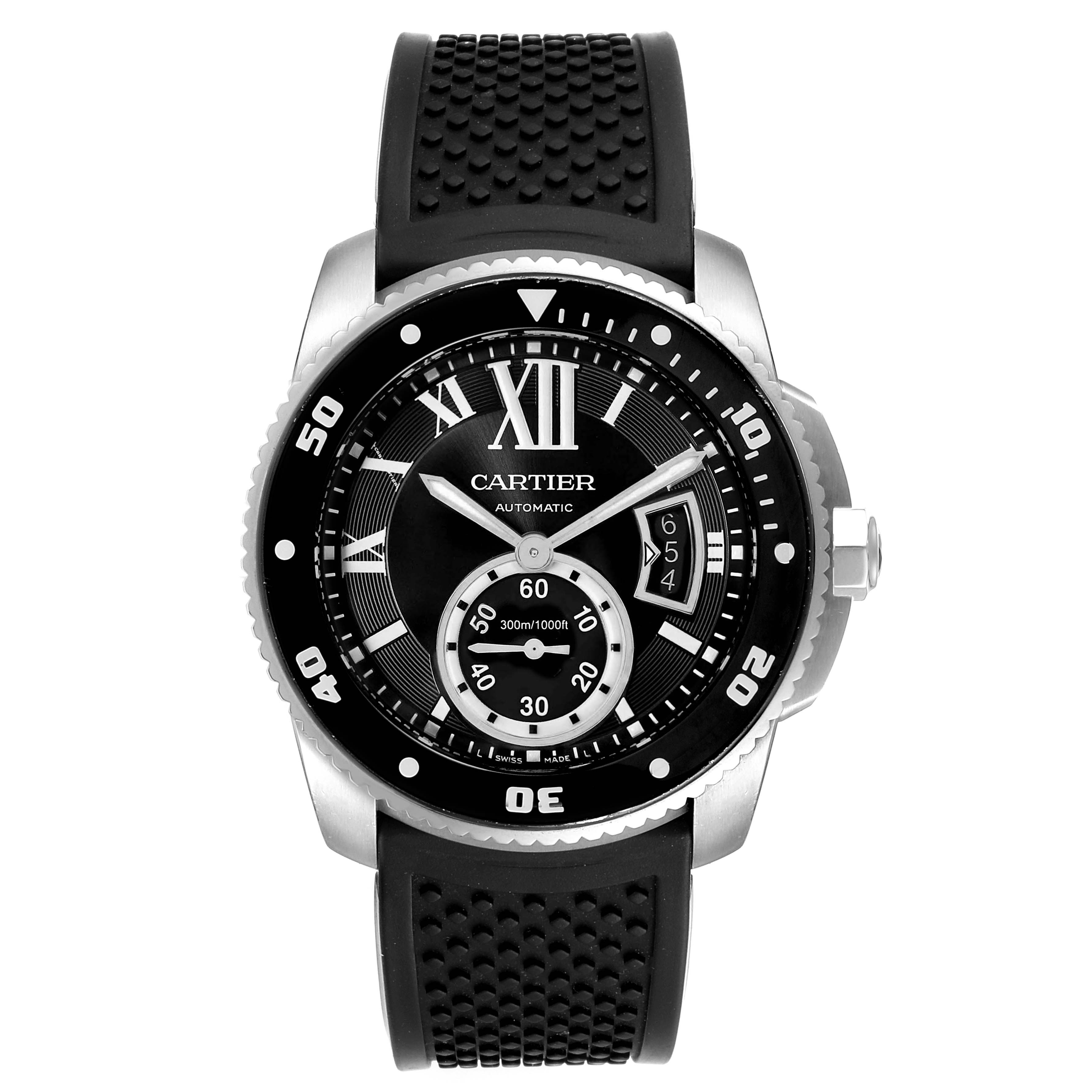 The image shows a front view of the Calibre de Cartier watch by Cartier, displaying its dial, bezel, and strap.