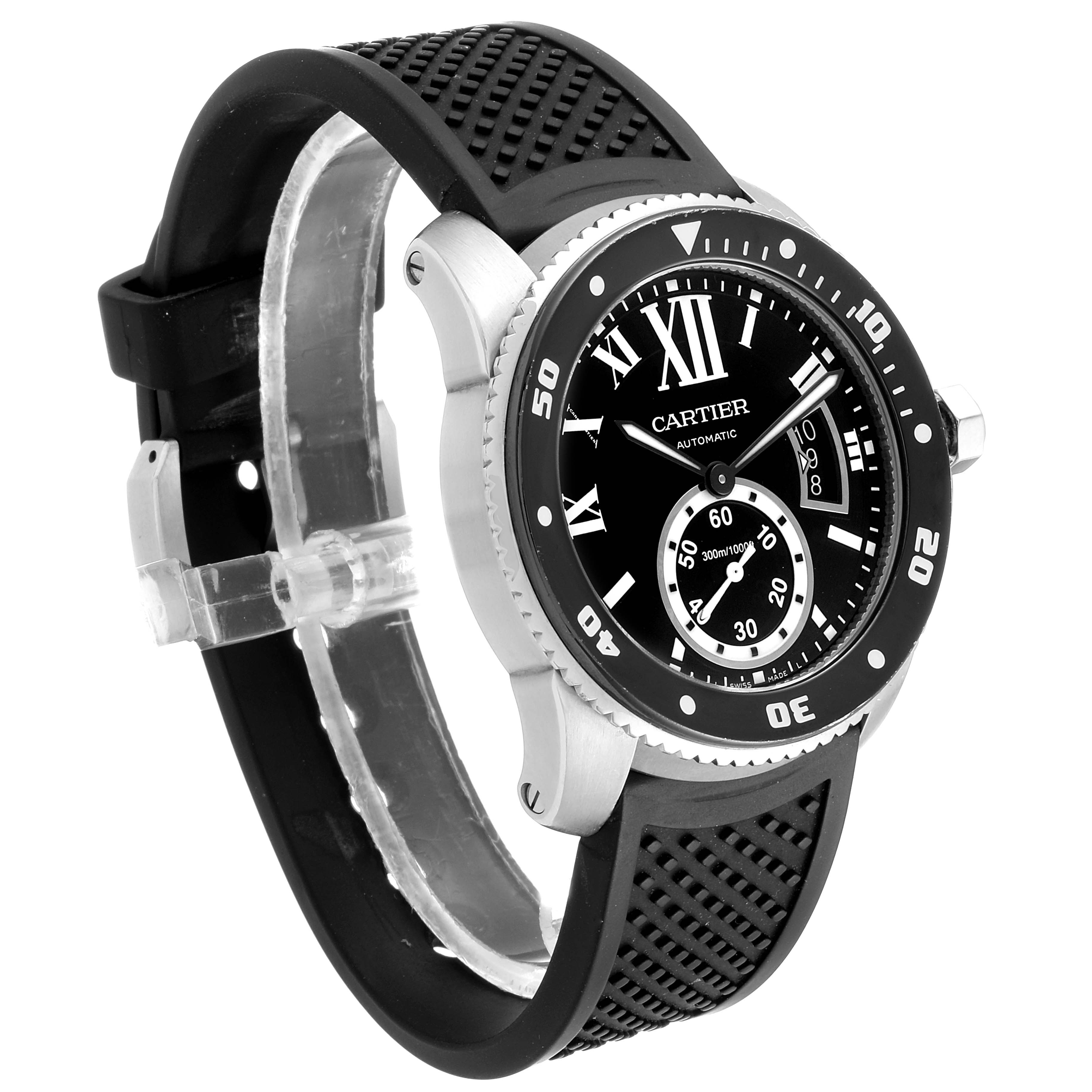 The image shows a Calibre de Cartier watch by Cartier from an angled side view, highlighting the bracelet, bezel, and face.