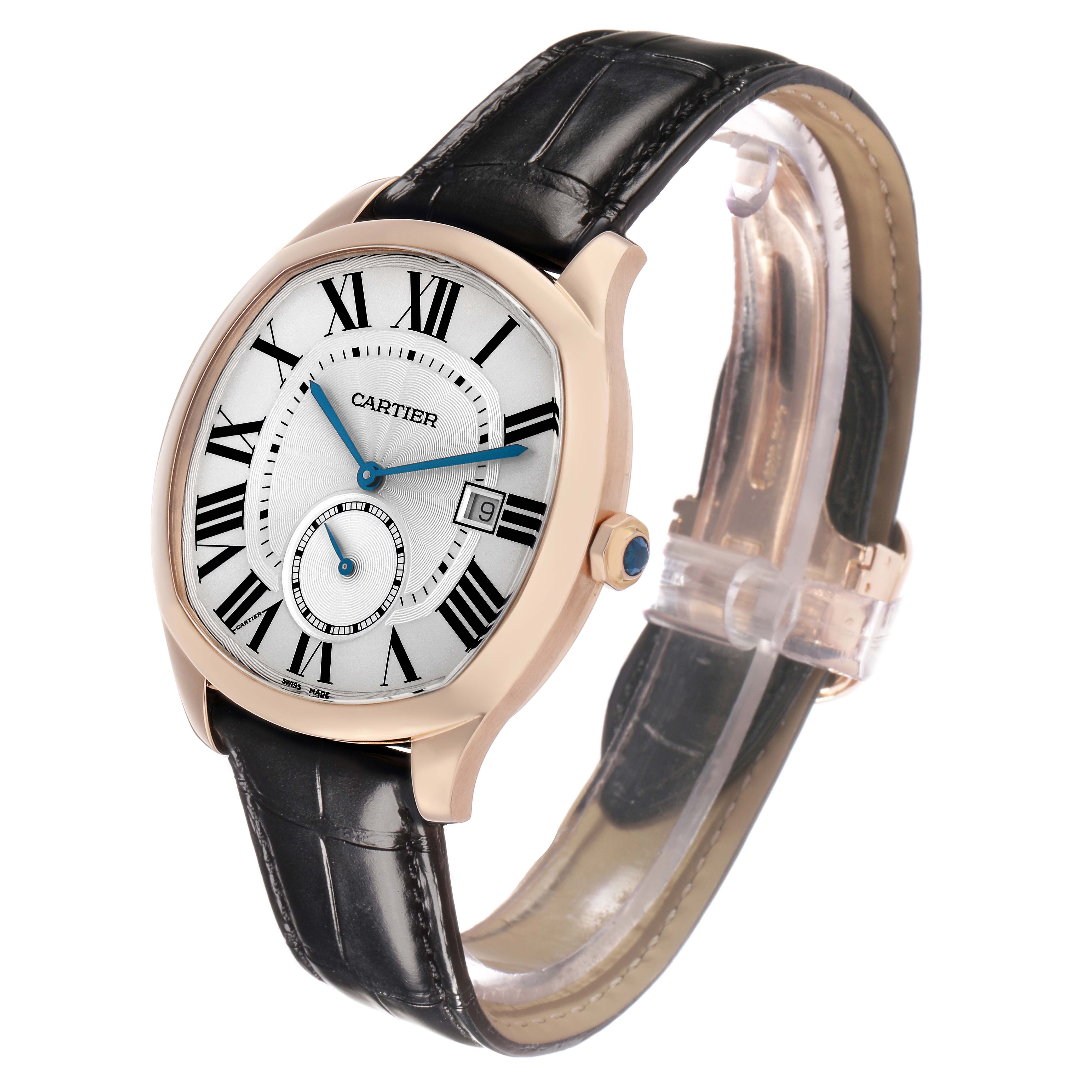 The Drive de Cartier watch is shown at a three-quarter angle displaying the face, crown, and a portion of the leather strap.