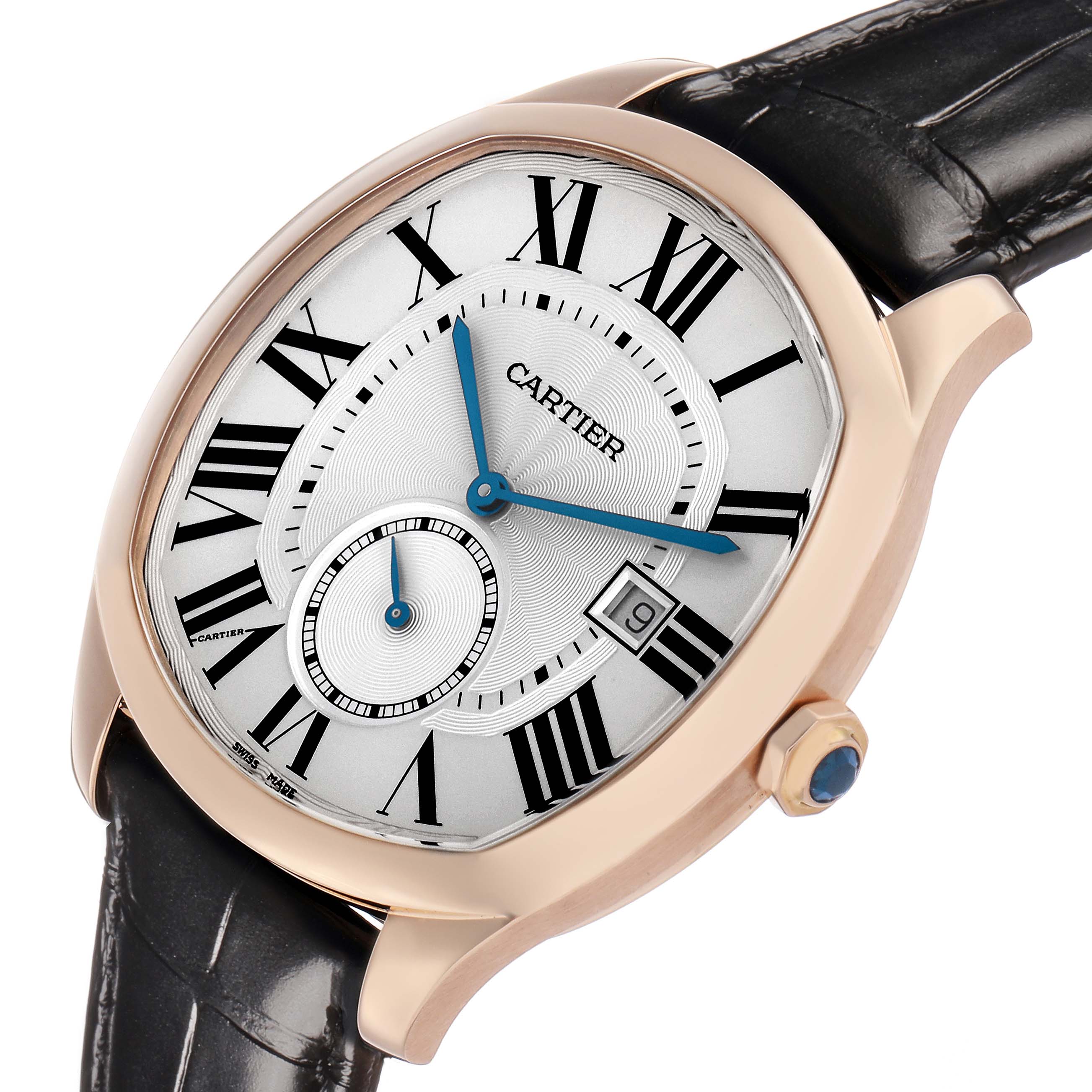 The Drive de Cartier watch is shown at a three-quarter angle, highlighting the face, Roman numerals, blued hands, and crown with a stone.