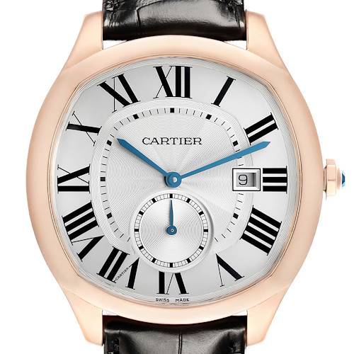 The Drive de Cartier watch by Cartier is shown from the front, displaying its Roman numerals, subdial, date window, and blue hands.