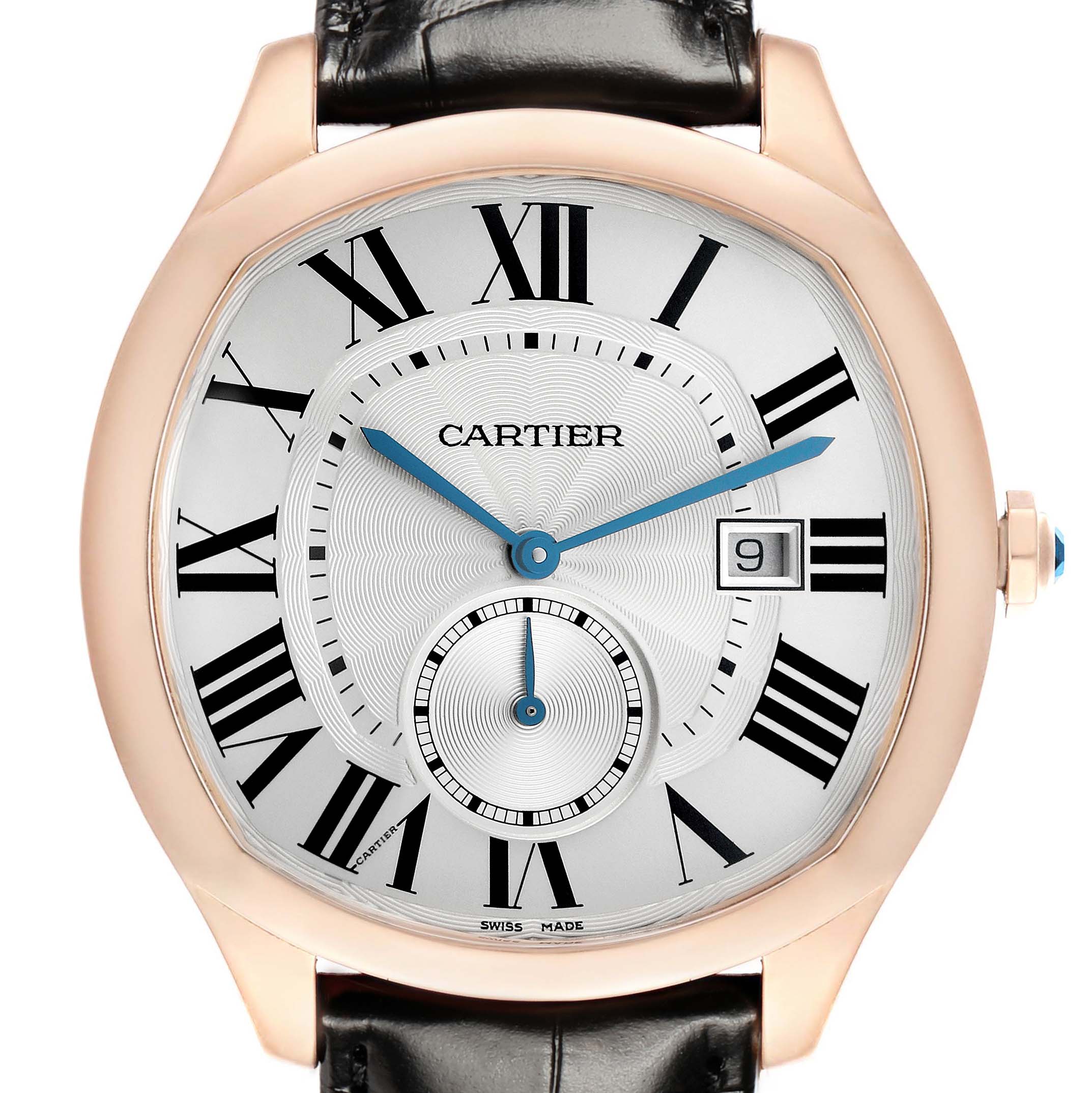 The Drive de Cartier watch by Cartier is shown from a front angle, displaying the dial, hands, date window, and strap attachment.