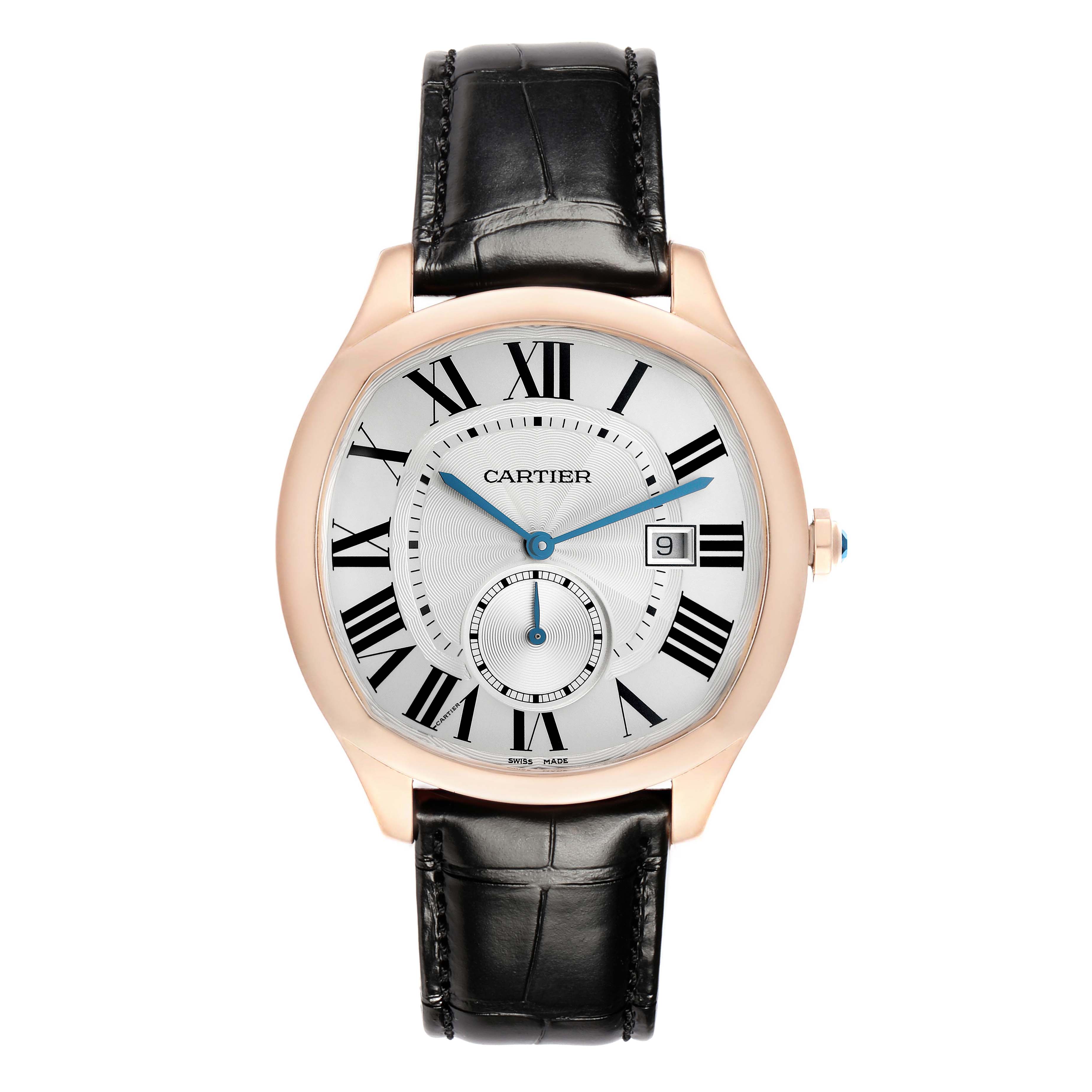 The Drive de Cartier watch is shown from the front, highlighting its dial, markers, hands, and leather strap.