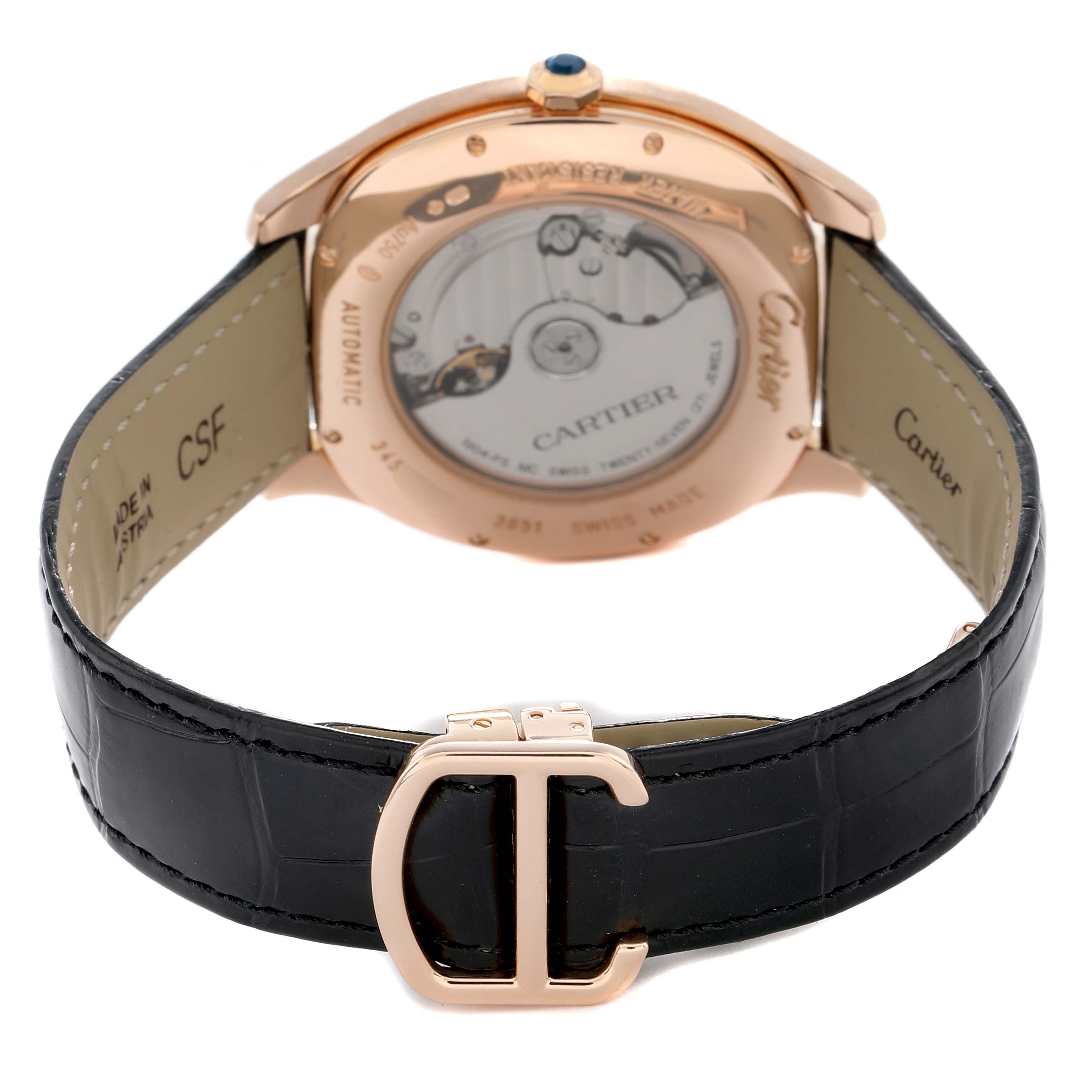 The Drive de Cartier watch is shown from the back, highlighting the automatic movement, band, and buckle.