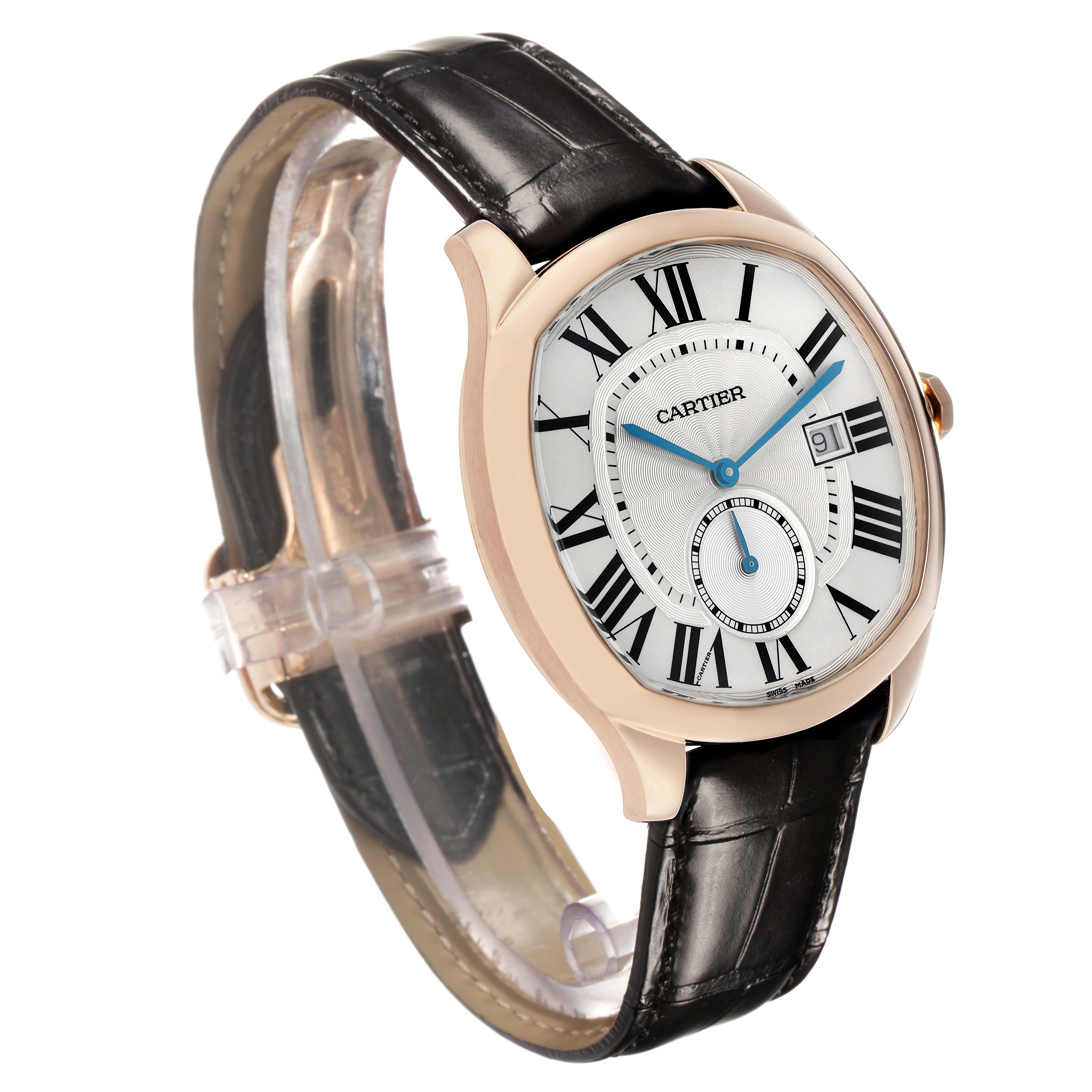 The Drive de Cartier watch is shown at a three-quarter angle, displaying the face, case, strap, and crown.