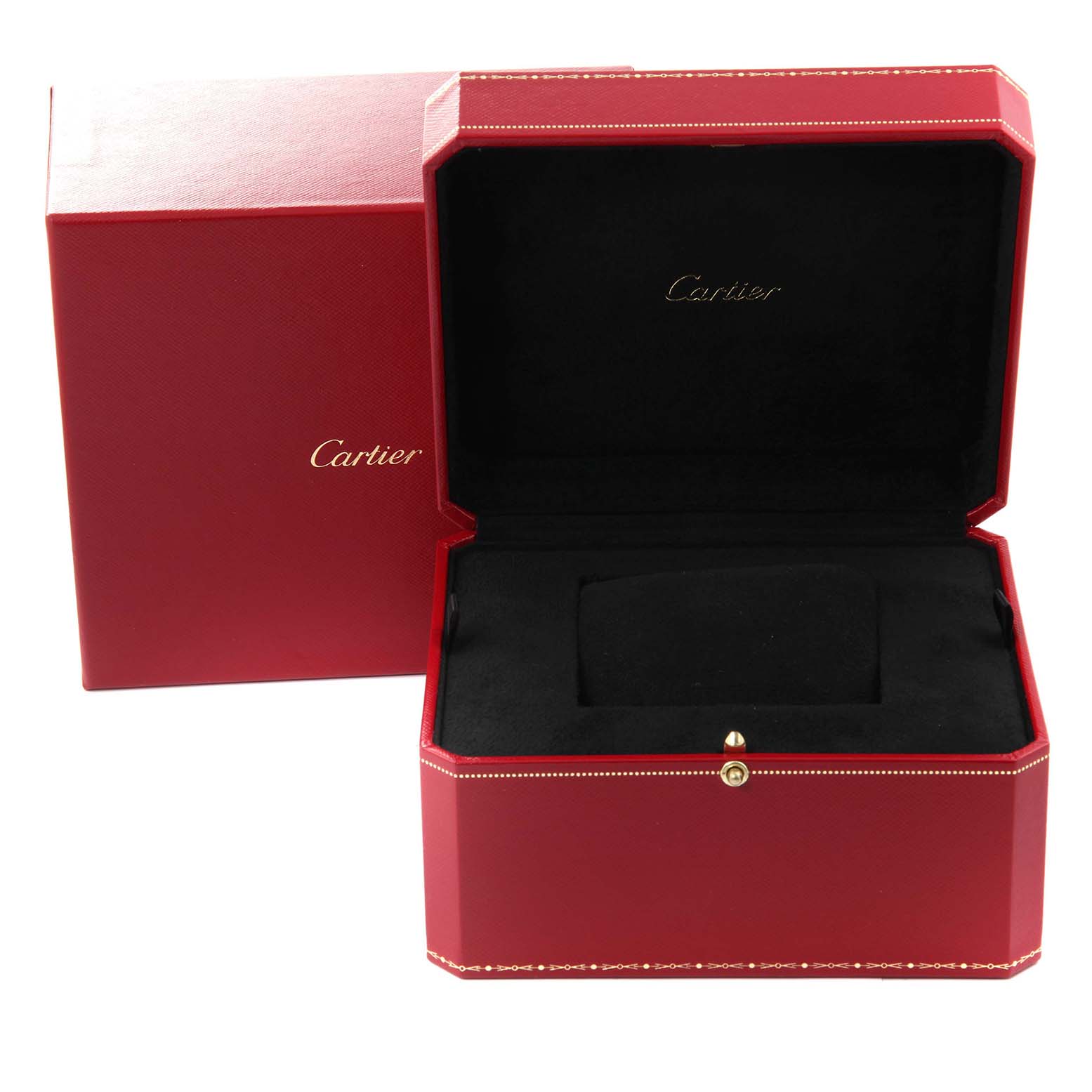 This image shows the open red box and outer packaging for the Cartier Panthere WF3091F3 Women's White Gold Silver Dial WF3091F3 Women's White Gold Silver Dial model watch.